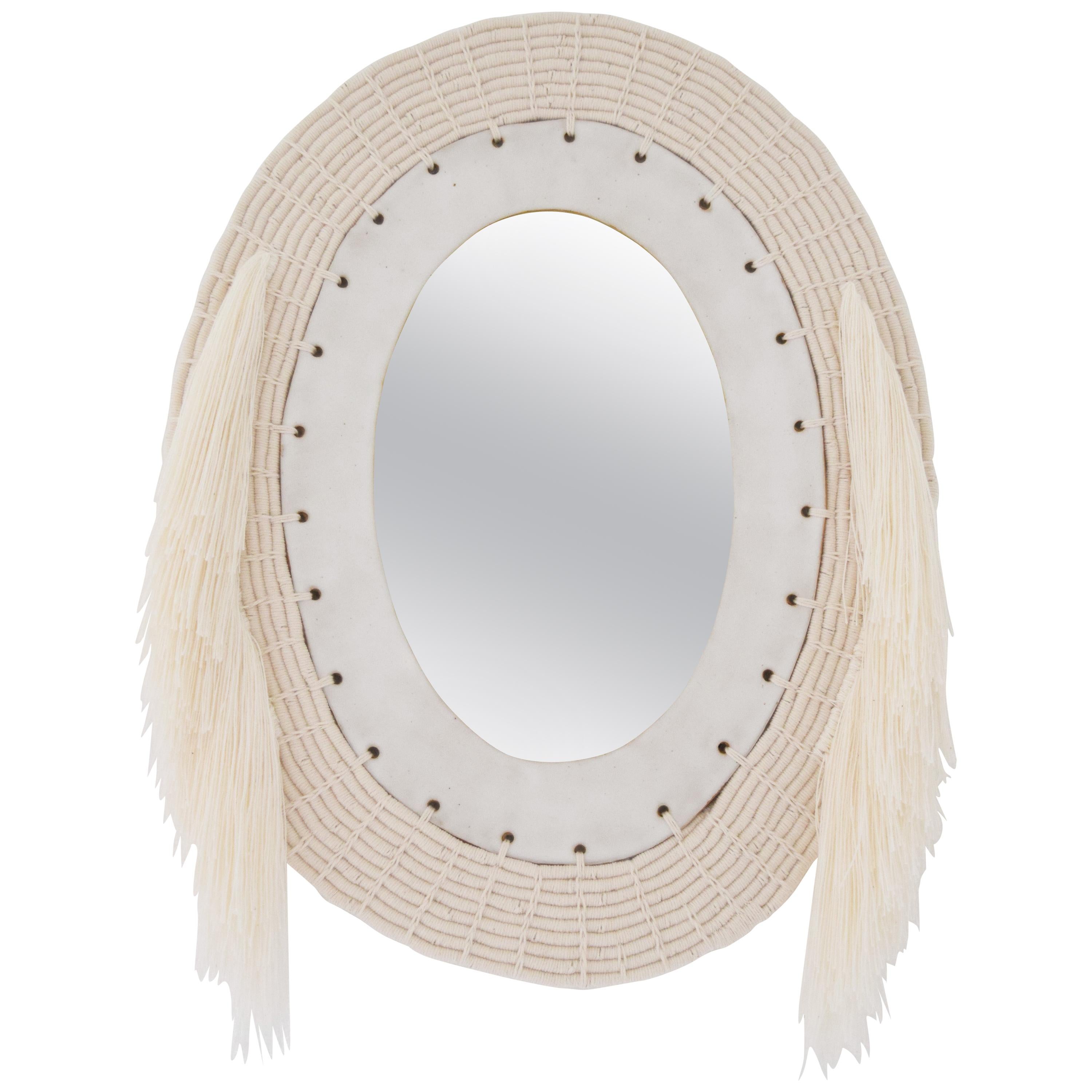 One of a Kind Woven Cotton and Ceramic Oval Mirror in White