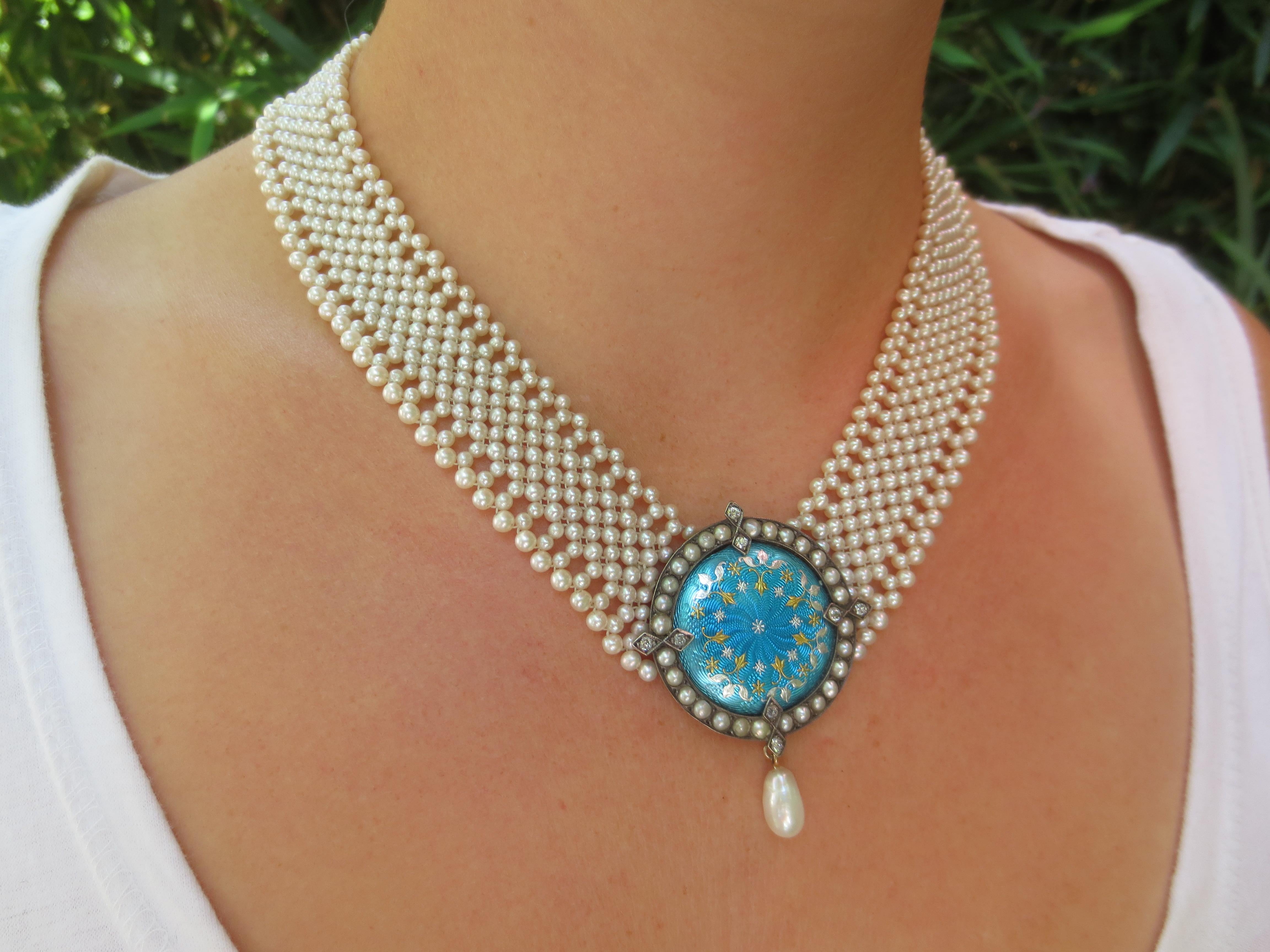 Marina J. Unique Woven Pearl Necklace with Vintage Blue Enamel Centerpiece For Sale 1
