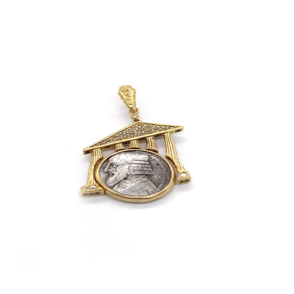 Rose Cut One-Of-A-Kind Yellow Gold Partian Coin Pendant with 1.15 Carat Diamonds For Sale
