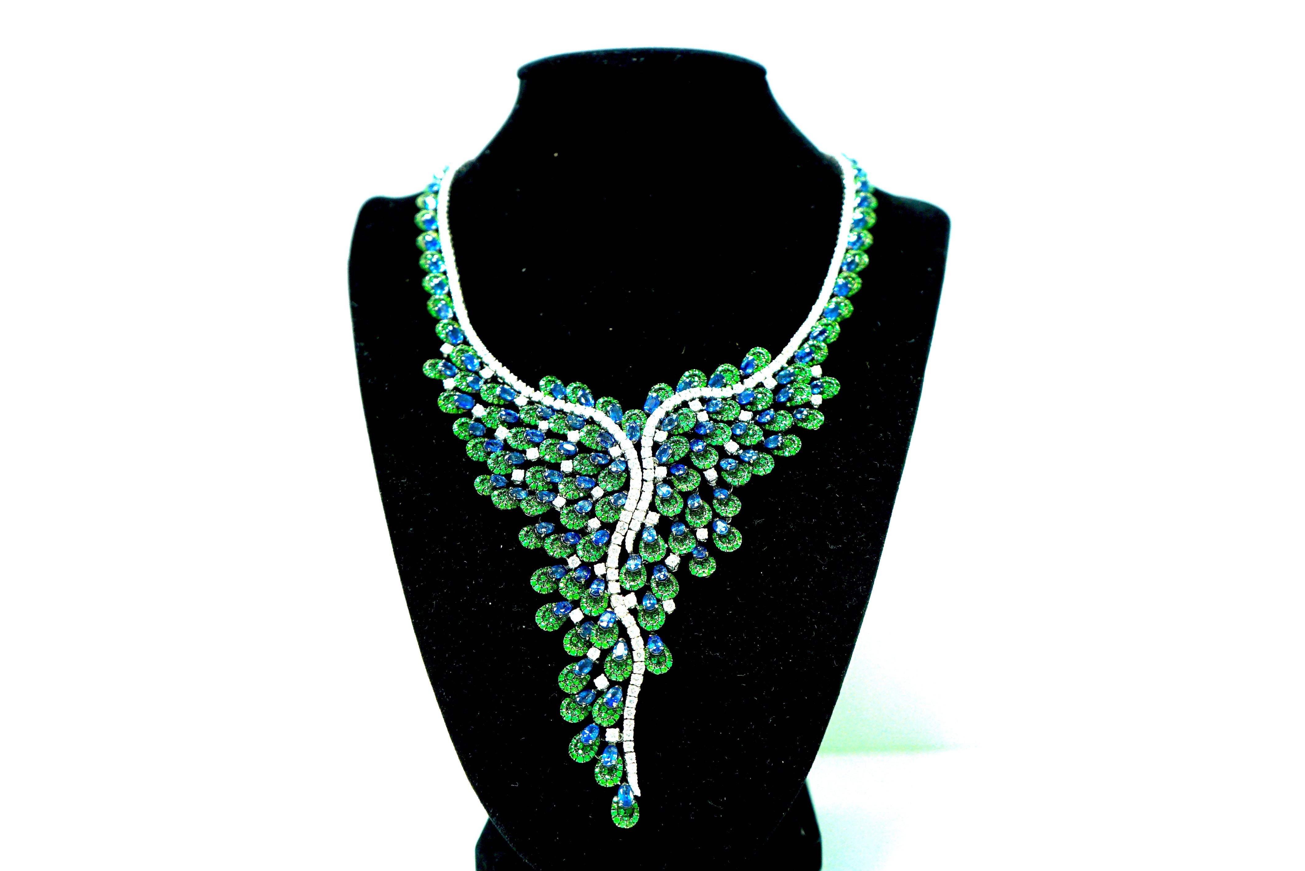 Round Cut One of a Kind Yvel Sapphire Tsavorite Diamond Necklace from the Peacock Coll