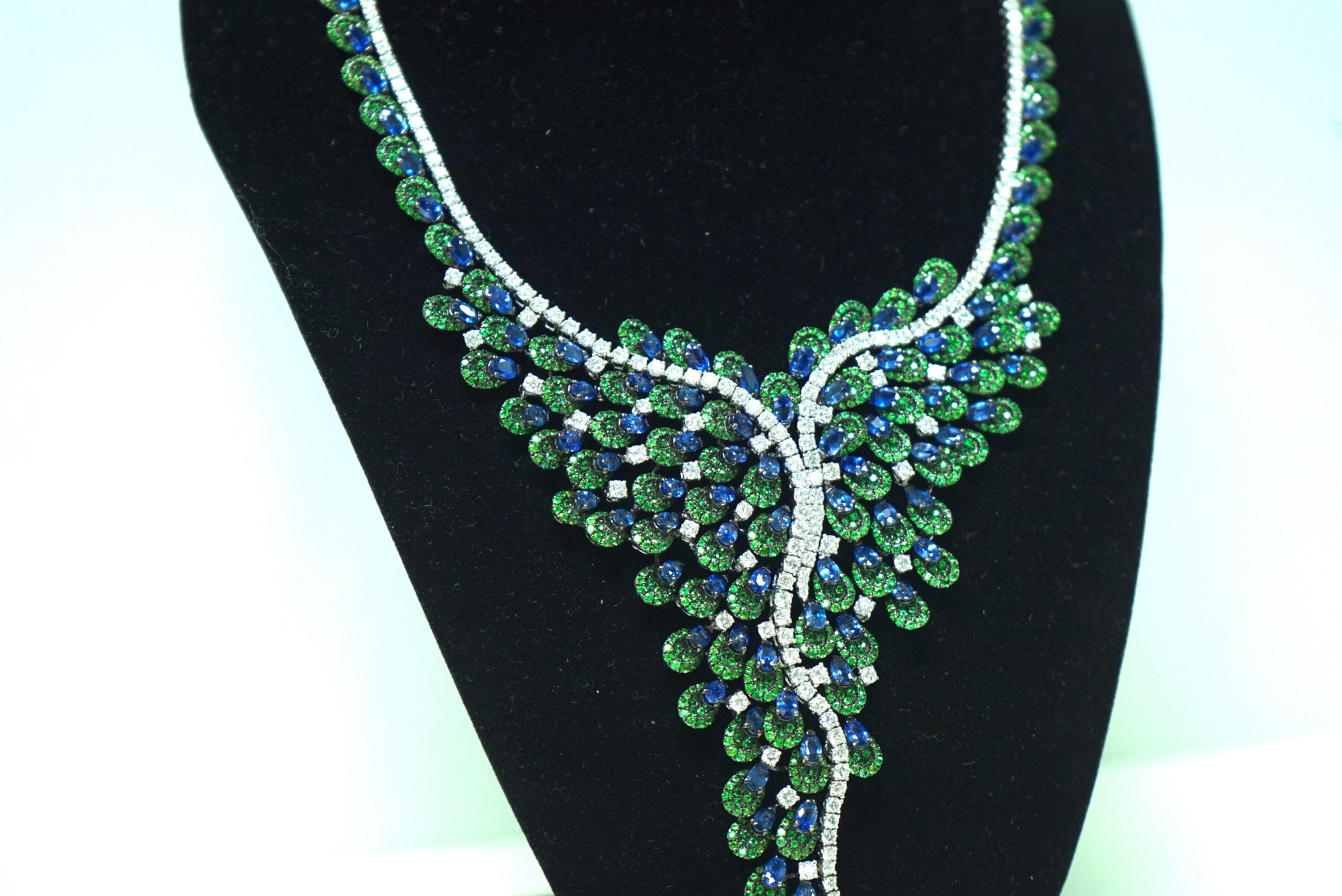 One of a Kind Yvel Sapphire Tsavorite Diamond Necklace from the Peacock Coll In Good Condition In Dallas, TX