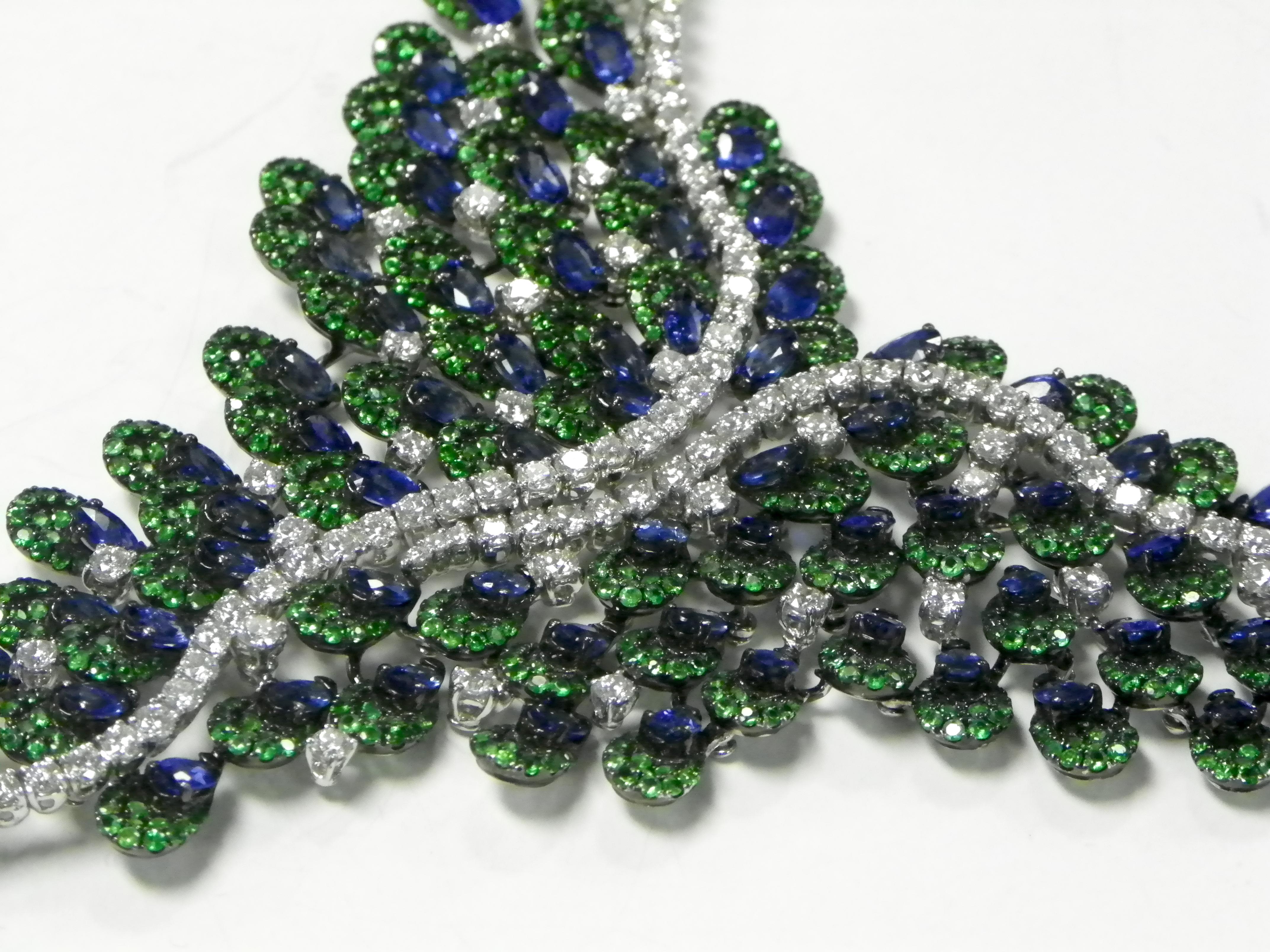 Women's or Men's One of a Kind Yvel Sapphire Tsavorite Diamond Necklace from the Peacock Coll