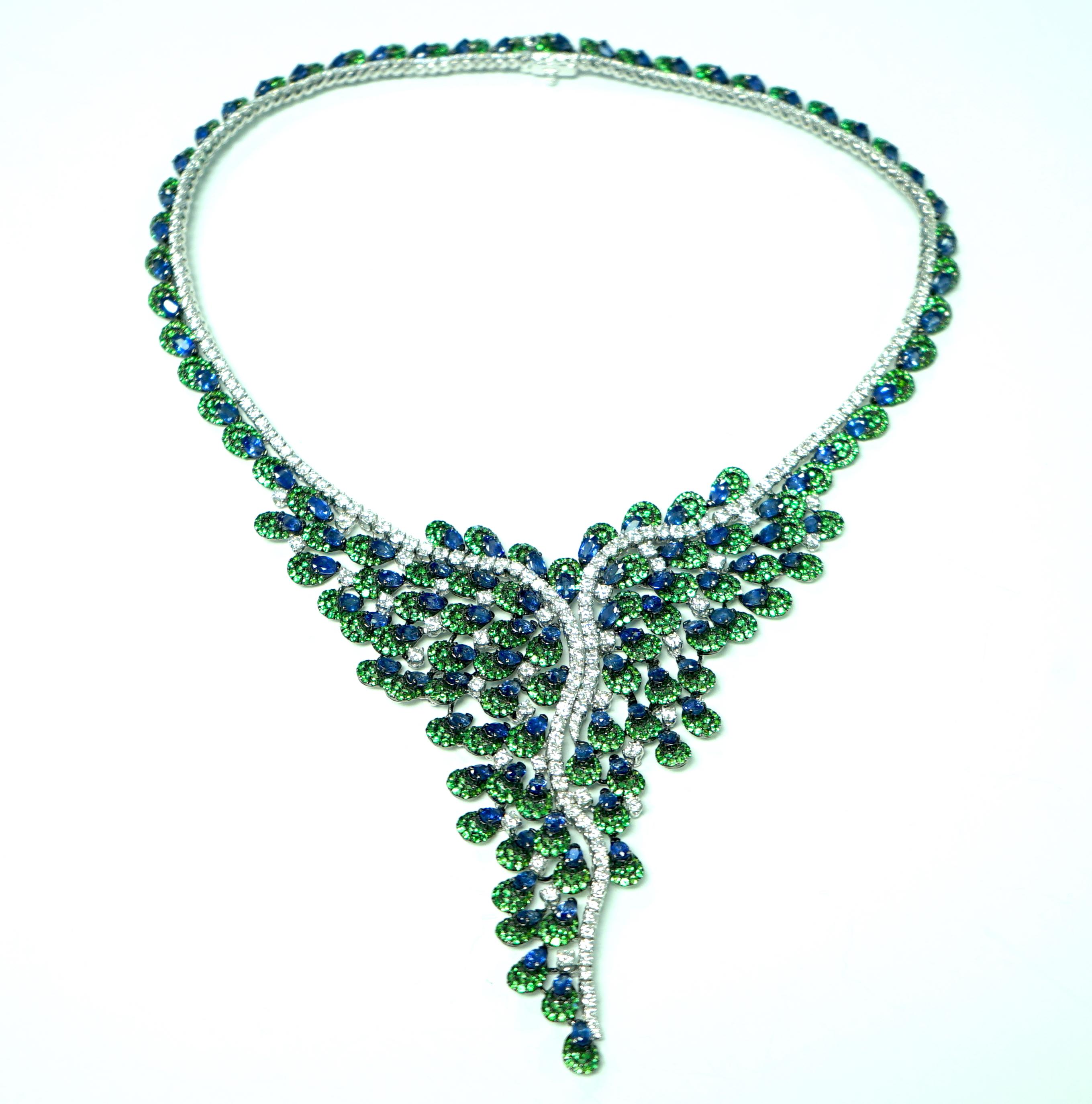 One of a Kind Yvel Sapphire Tsavorite Diamond Necklace from the Peacock Coll 2