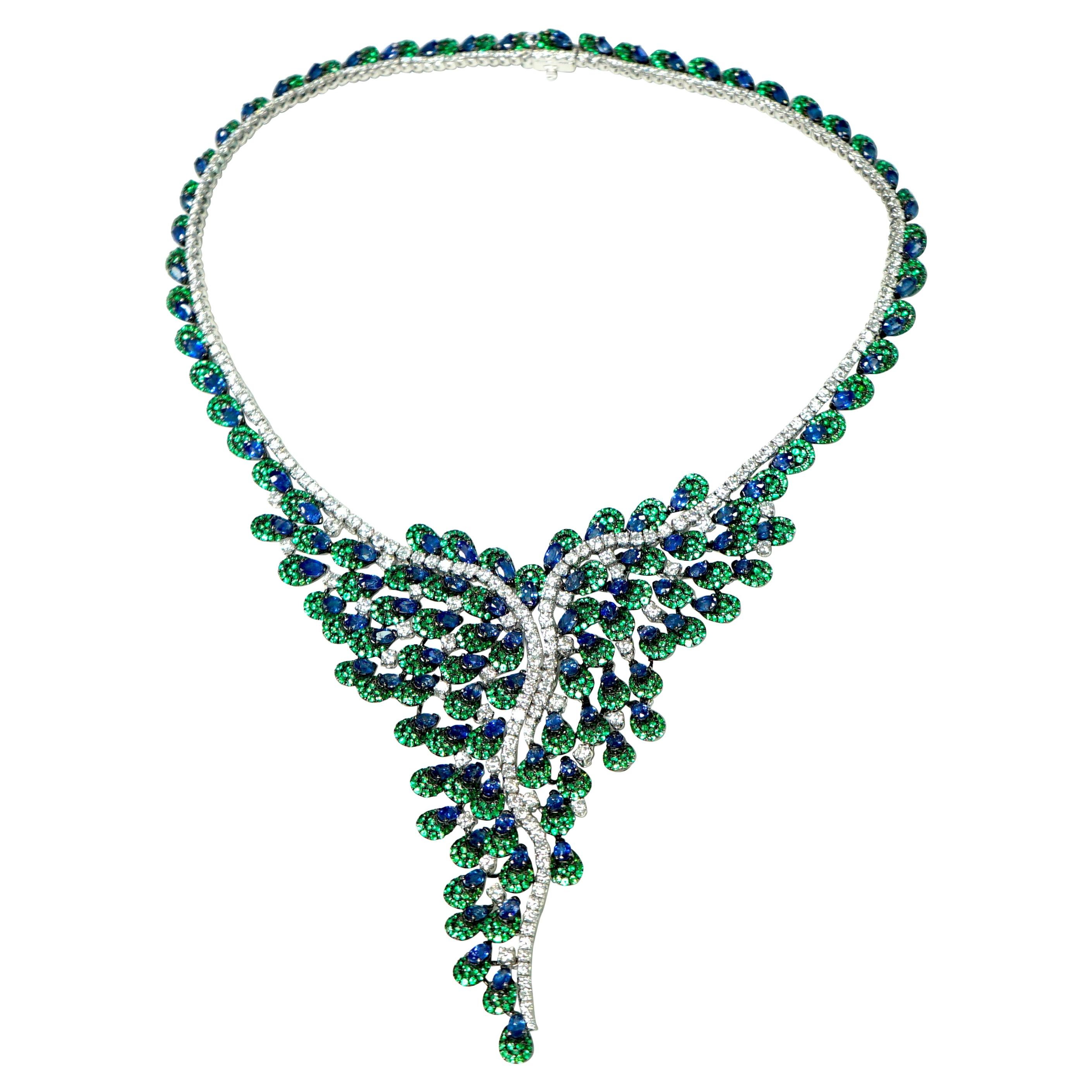One of a Kind Yvel Sapphire Tsavorite Diamond Necklace from the Peacock Coll