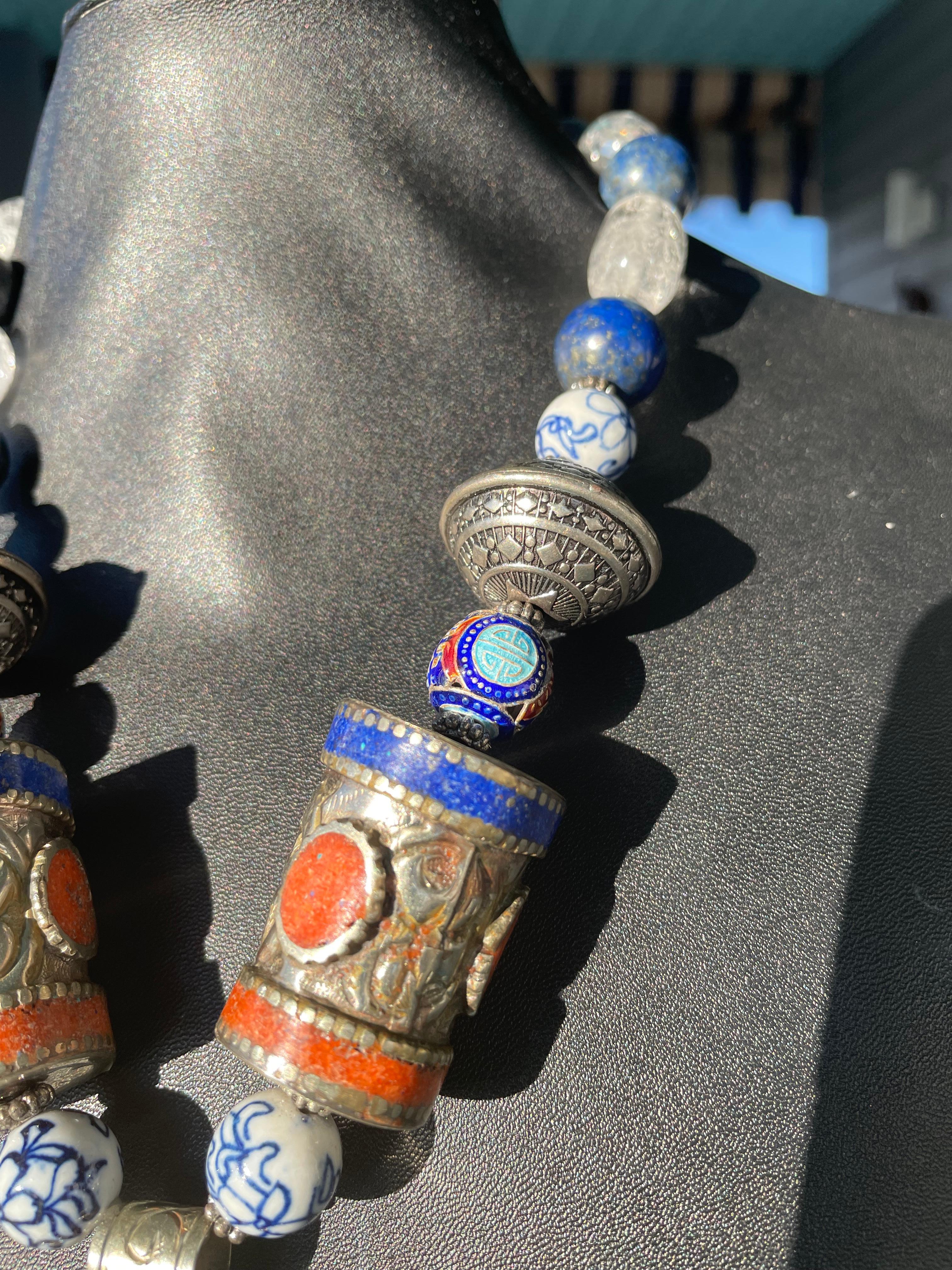 Artisan One of a kind, handmade, statement, Ethnic necklace with lapis, quartz, and Moro For Sale