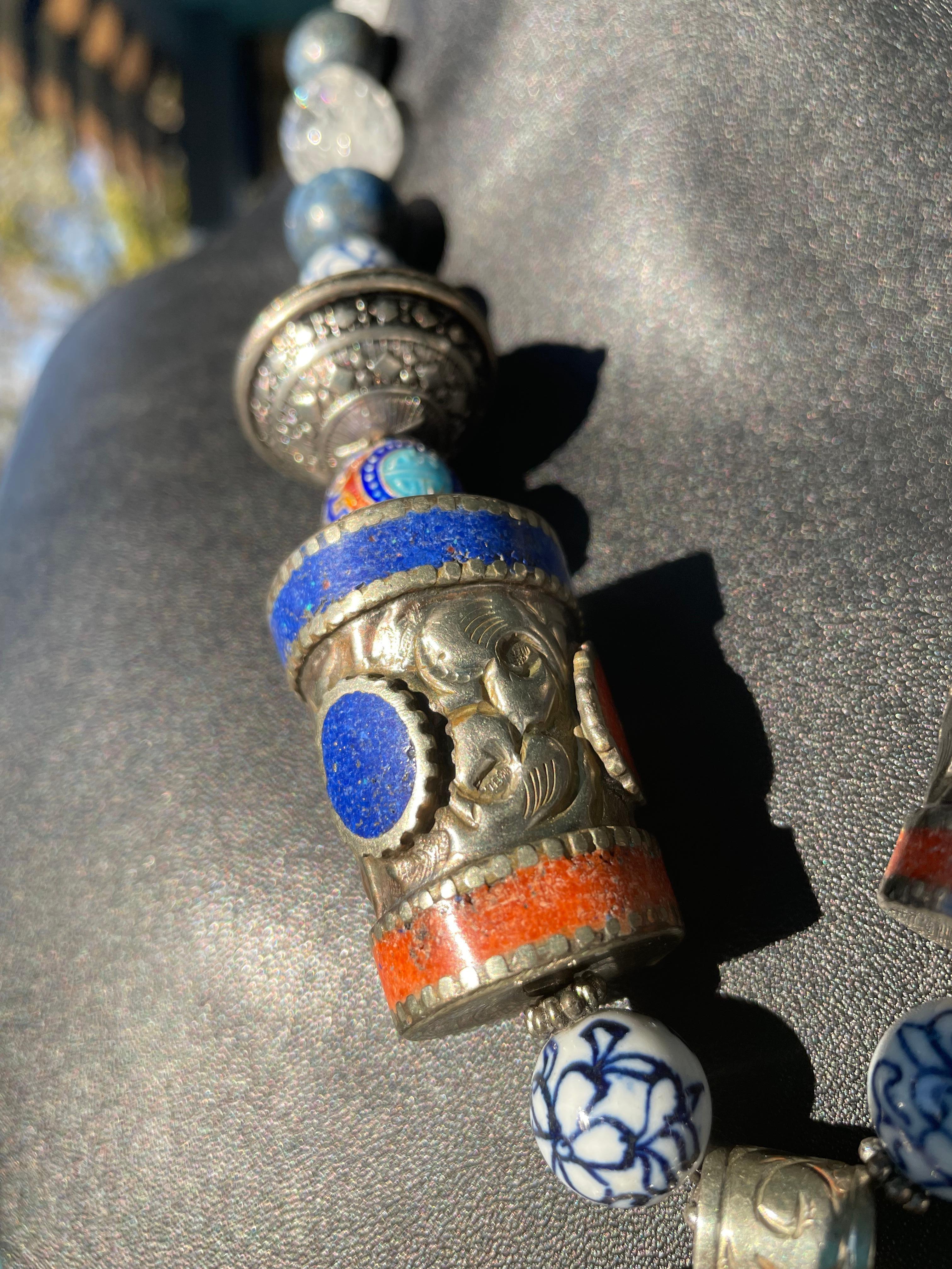 Bead One of a kind, handmade, statement, Ethnic necklace with lapis, quartz, and Moro For Sale