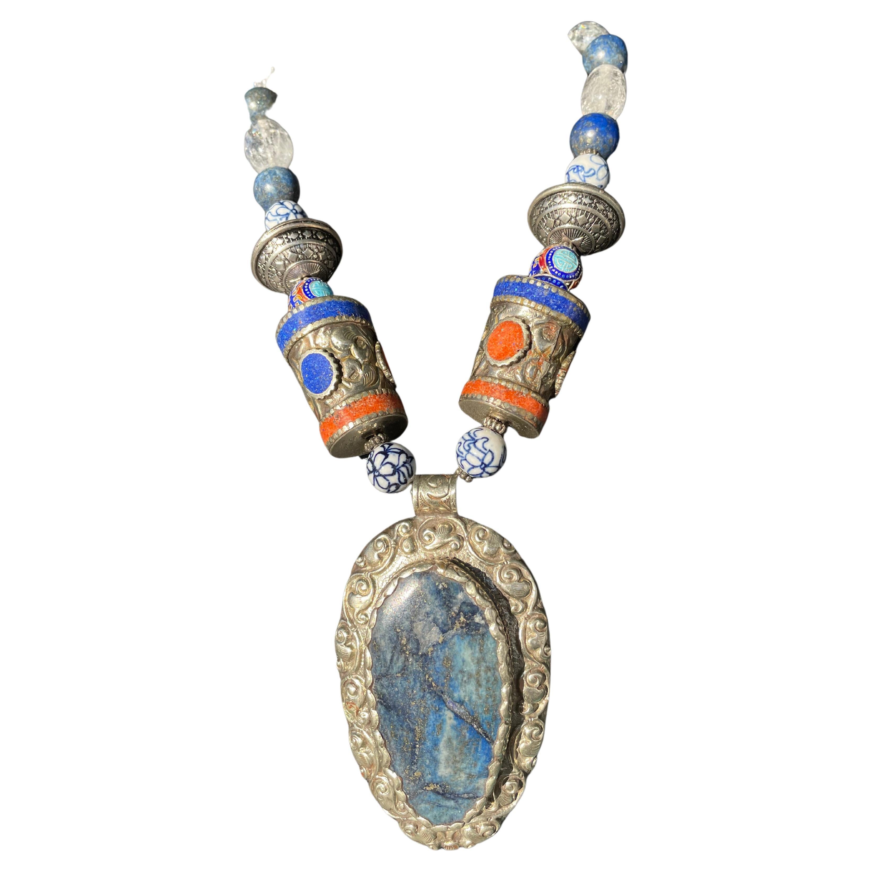 One of a kind, handmade, statement, Ethnic necklace with lapis, quartz, and Moro For Sale