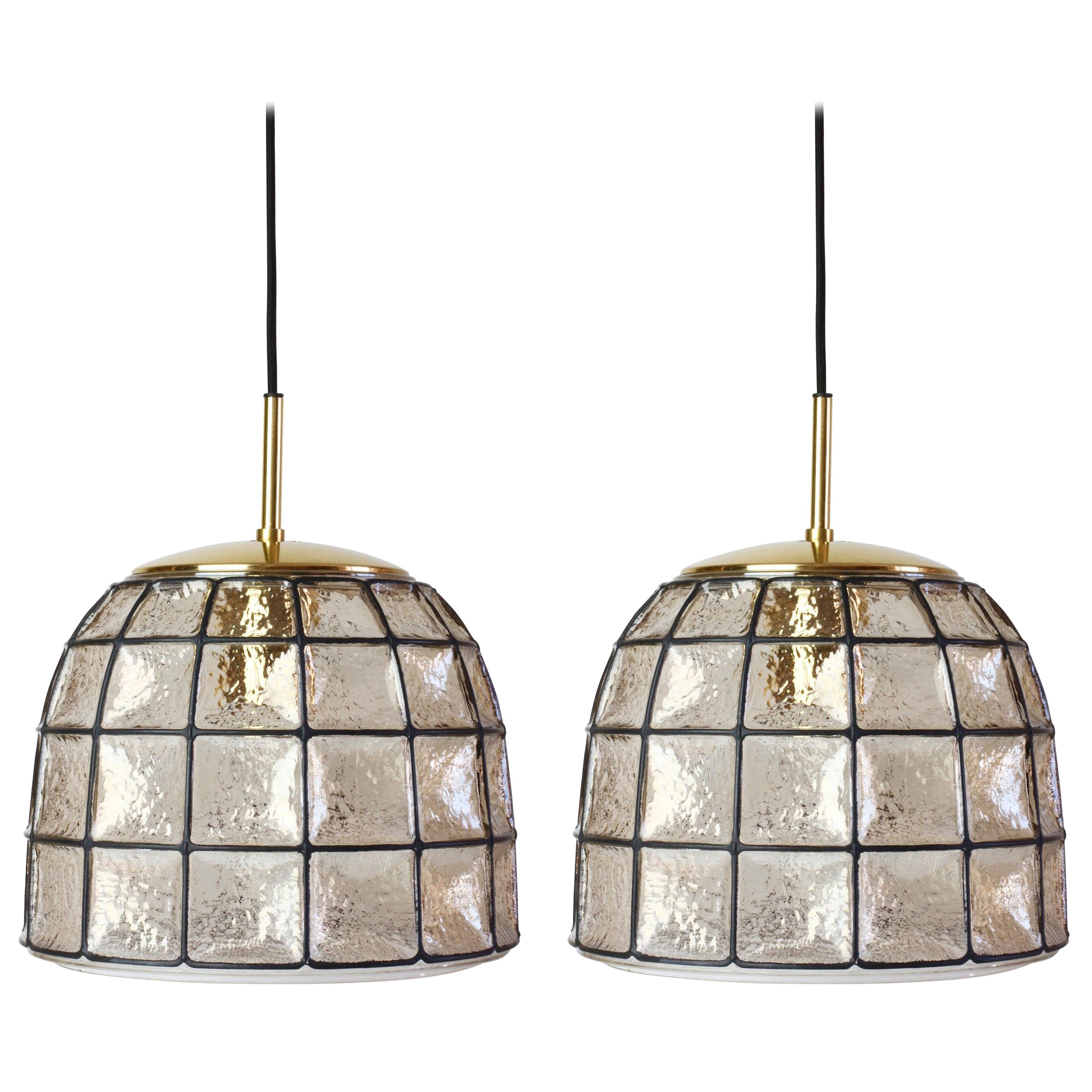 One of a Pair 1960s Black Iron & Glass Honeycomb Bell Pendant Lights by Limburg