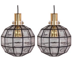 Large Iron & Clear Glass Round Pendant Lights by Limburg, c. 1965