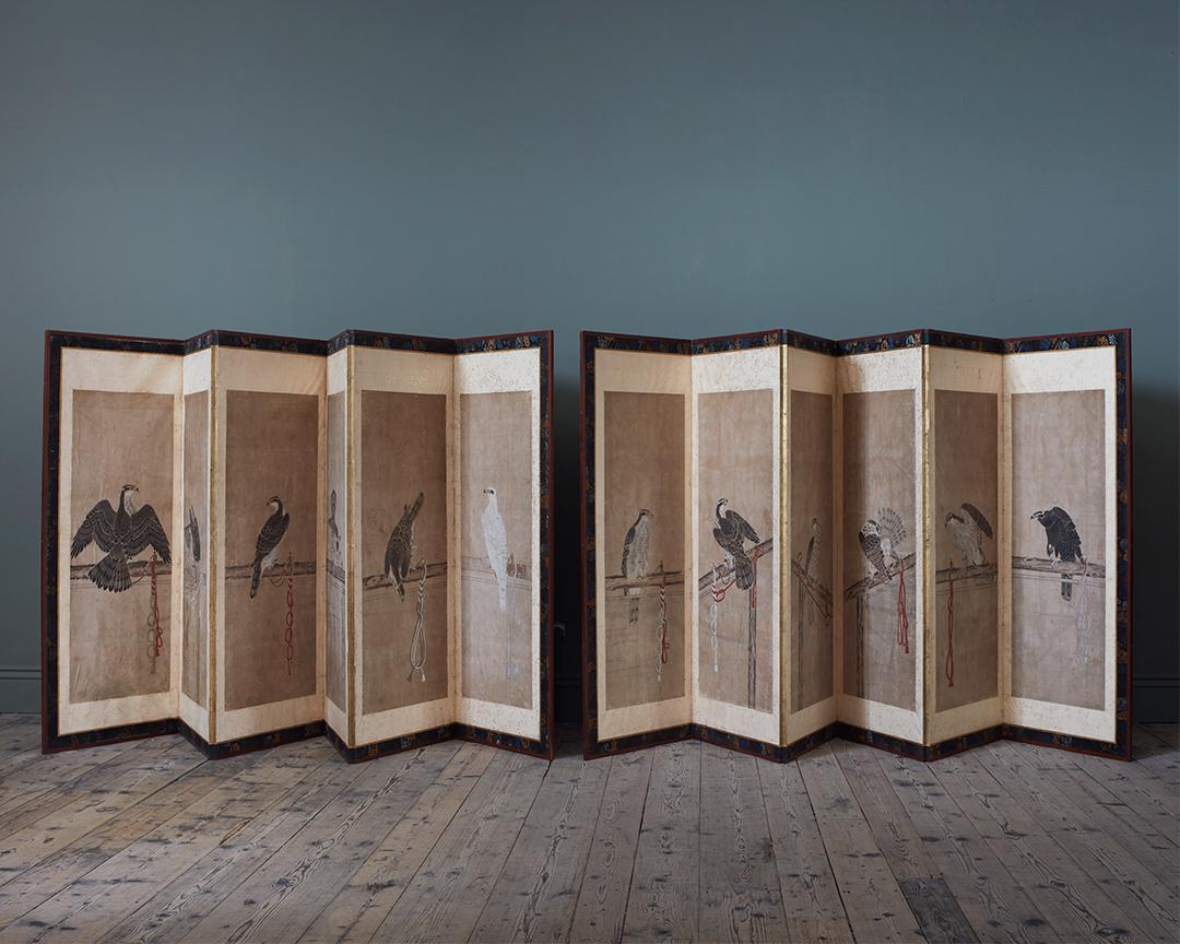 Japanese One of a Pair of 19th Century Six Panel Paper Screens, in manner of Soga Chokuan
