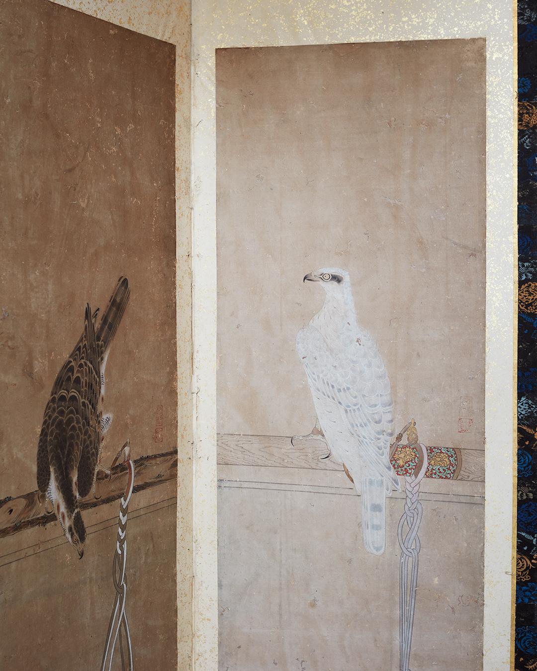 Silk One of a Pair of 19th Century Six Panel Paper Screens, in manner of Soga Chokuan