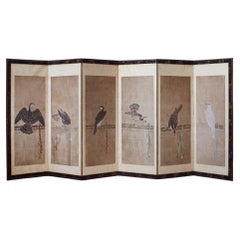 One of a Pair of 19th Century Six Panel Paper Screens, in manner of Soga Chokuan