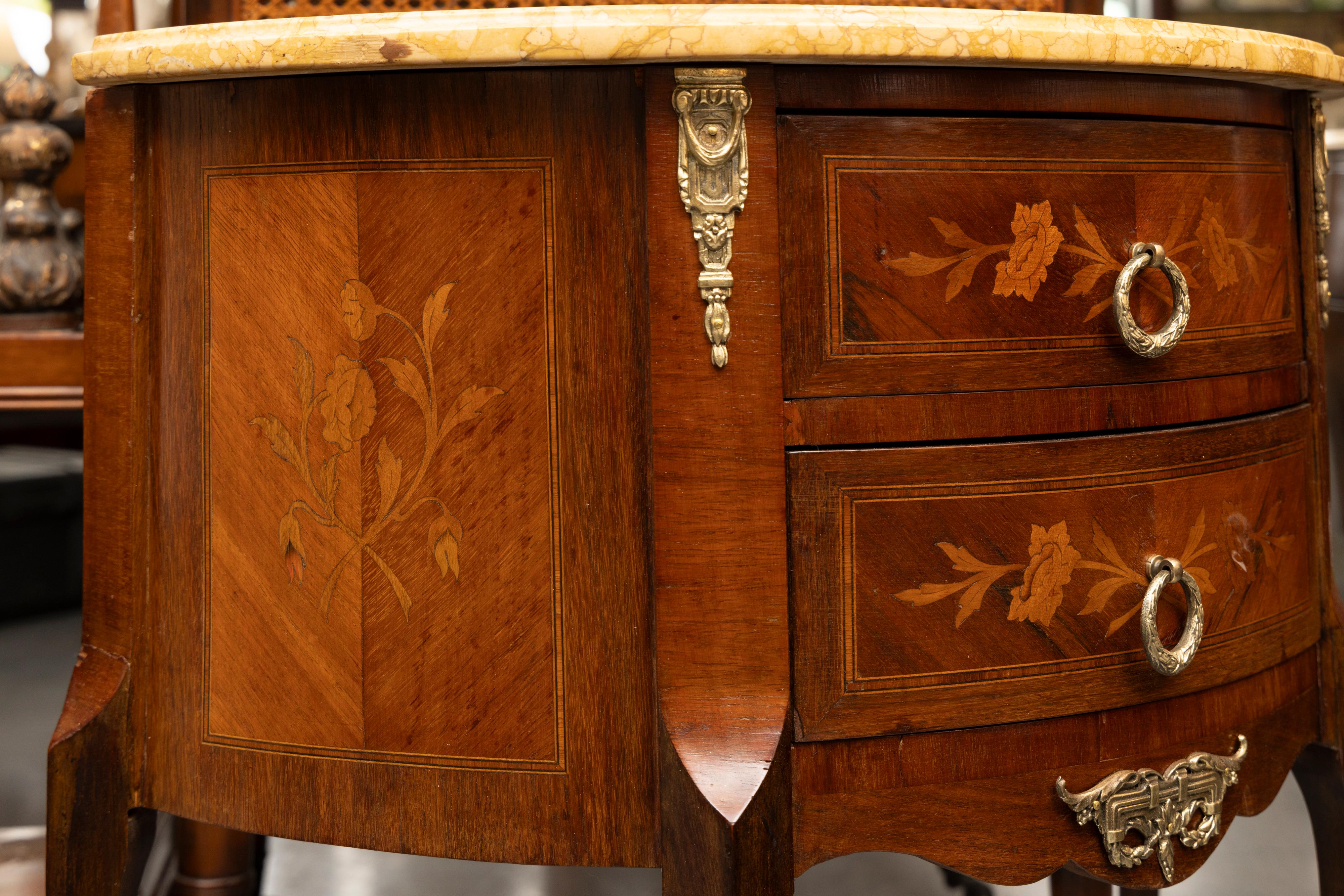 Diminutive Louis XV Style Demilune Commodes with Marble Tops, Pair Available In Good Condition For Sale In WEST PALM BEACH, FL