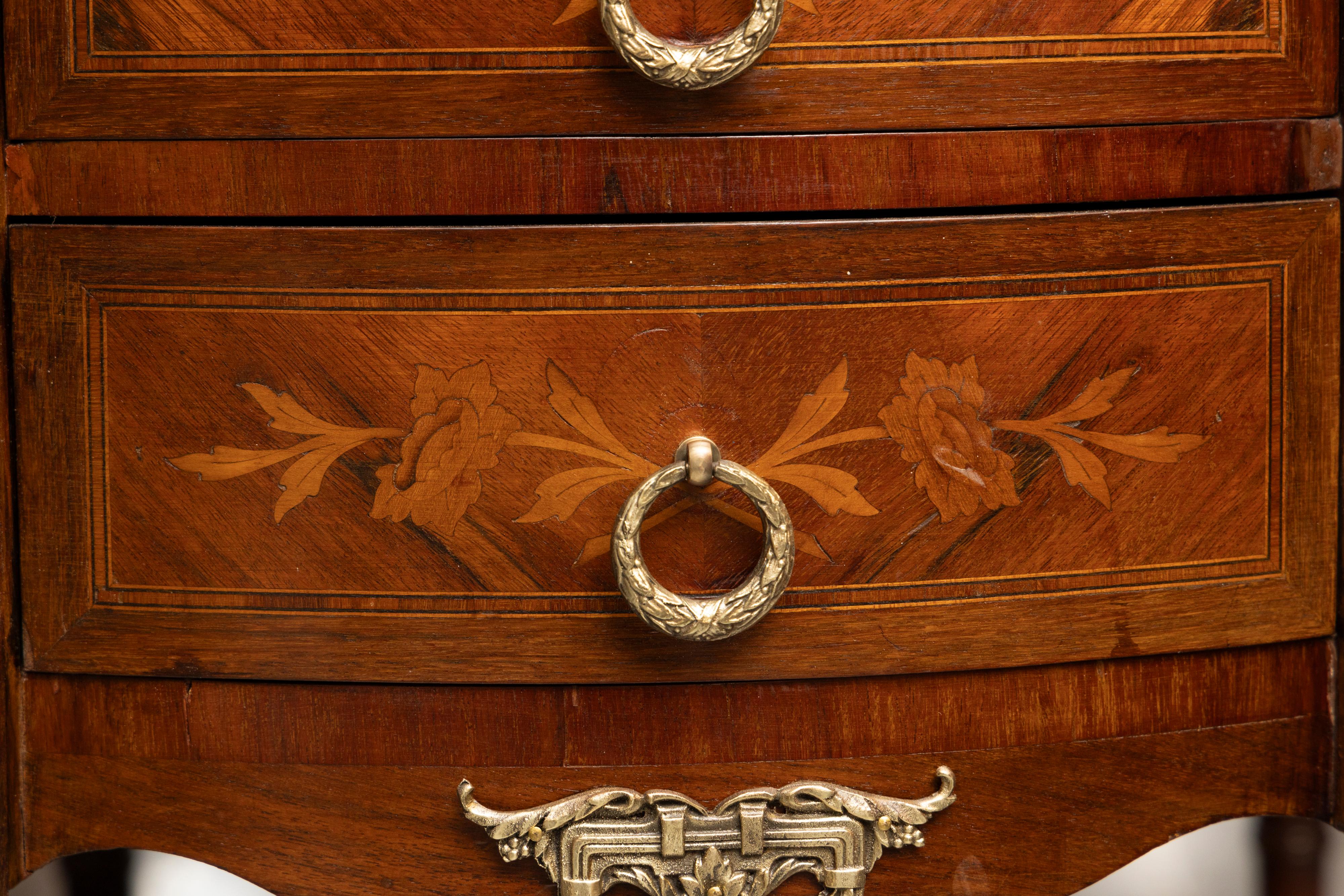 Diminutive Louis XV Style Demilune Commodes with Marble Tops, Pair Available For Sale 1