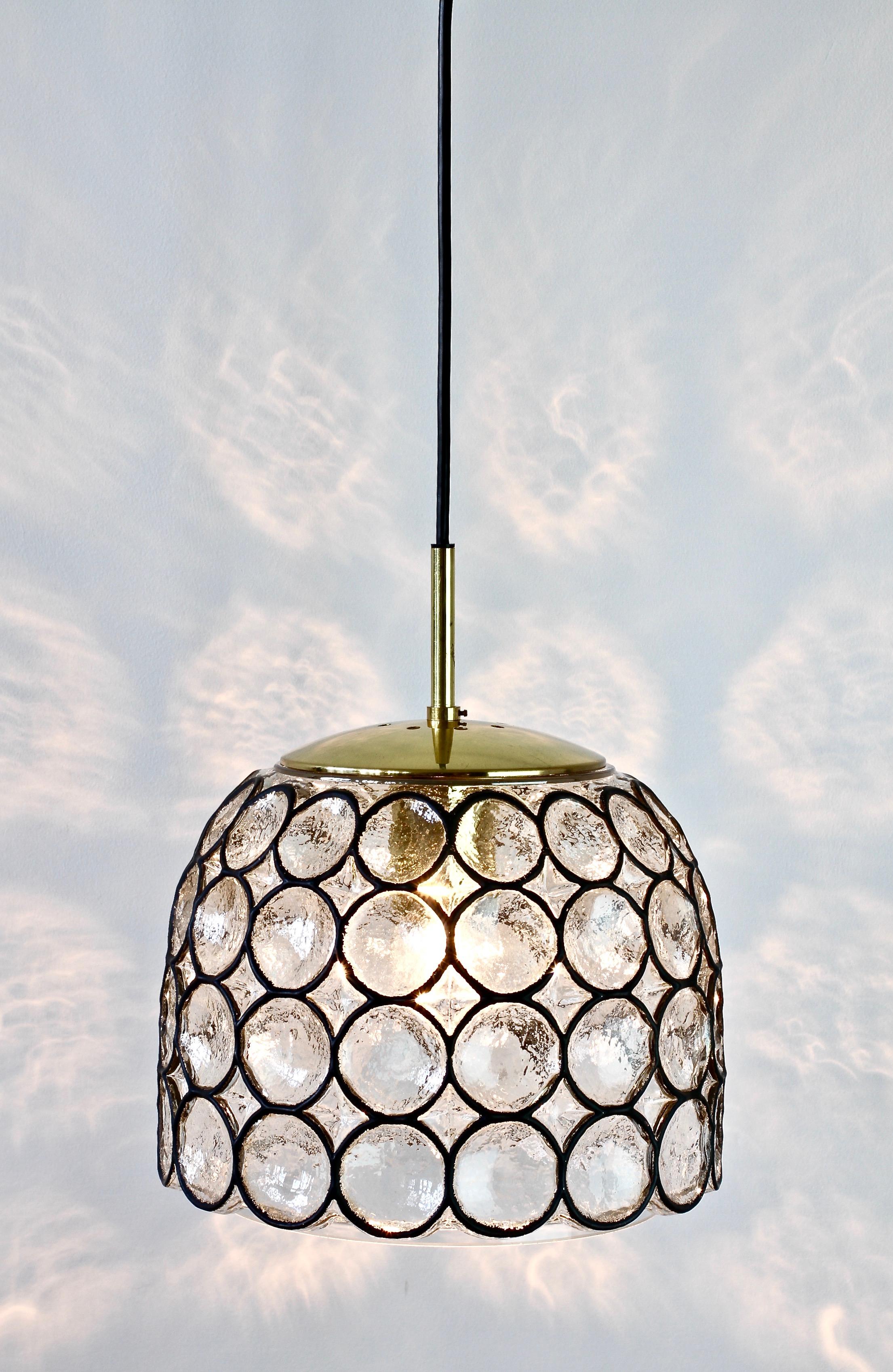 German One of a Pair of Limburg Mid-Century 'Iron' Glass & Brass Pendant Lights Lamps