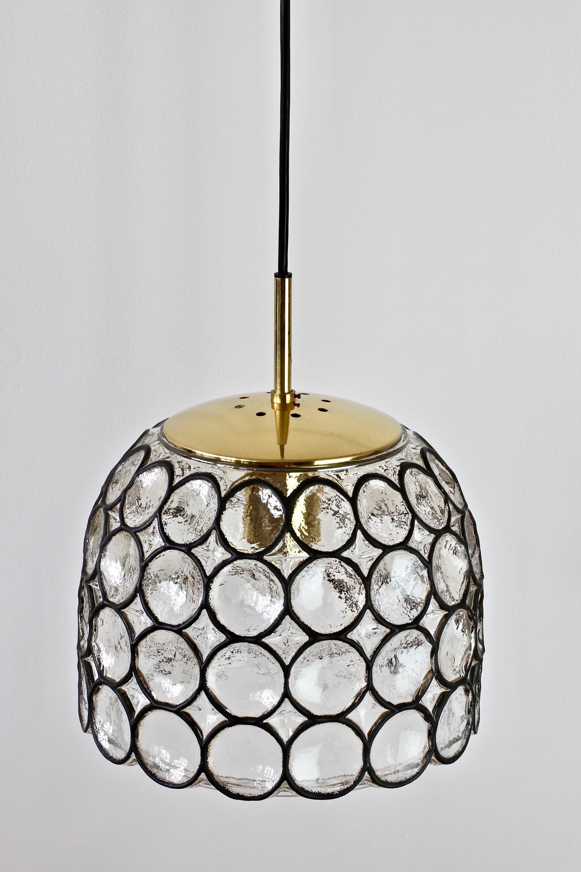 Polished One of a Pair of Limburg Mid-Century 'Iron' Glass & Brass Pendant Lights Lamps