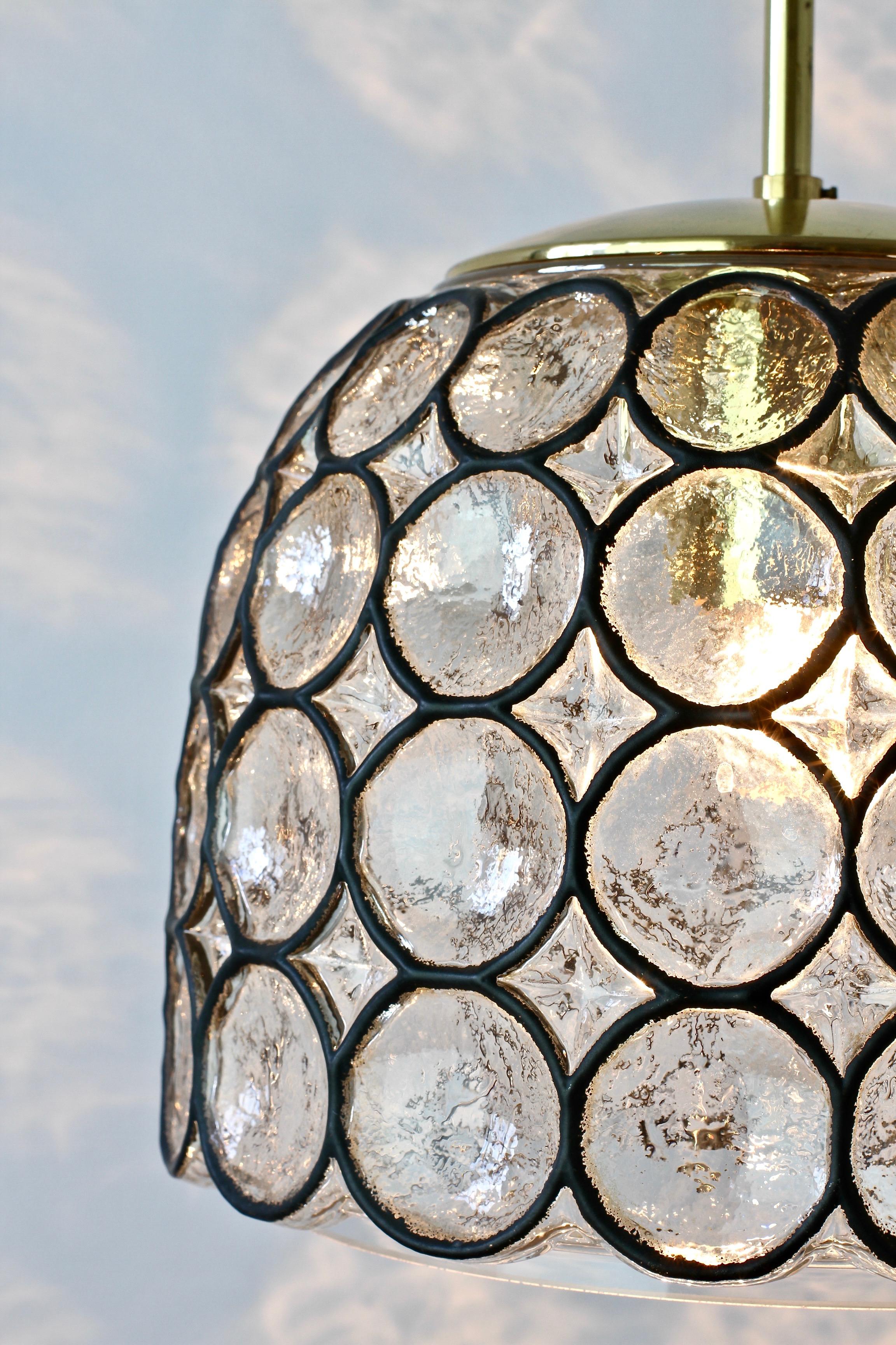 Mid-20th Century One of a Pair of Limburg Mid-Century 'Iron' Glass & Brass Pendant Lights Lamps