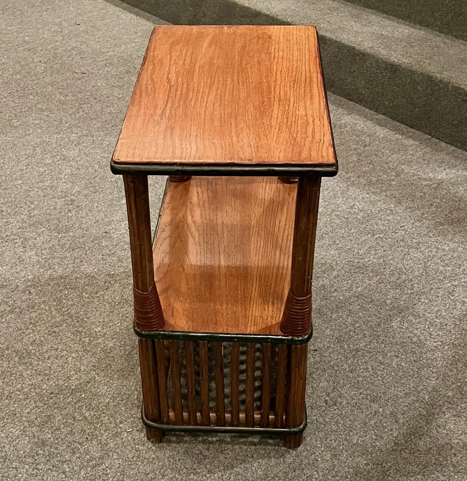 One of a Pair of Matching Rattan Quarter Sawn Oak topped Side - Lamp Tables (amerikanisch) im Angebot