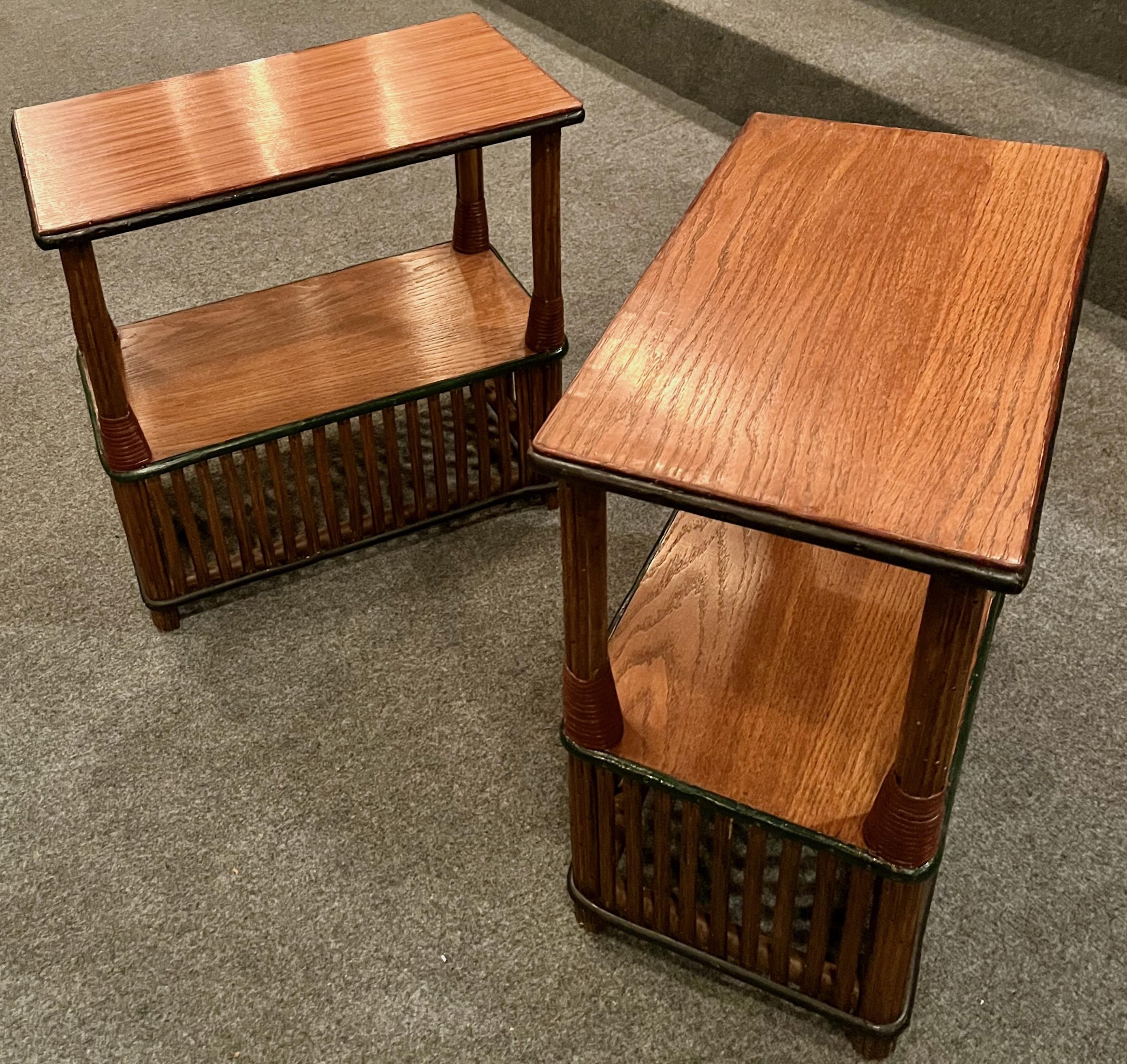 One of a Pair of Matching Rattan Quarter Sawn Oak topped Side - Lamp Tables (Handgefertigt) im Angebot