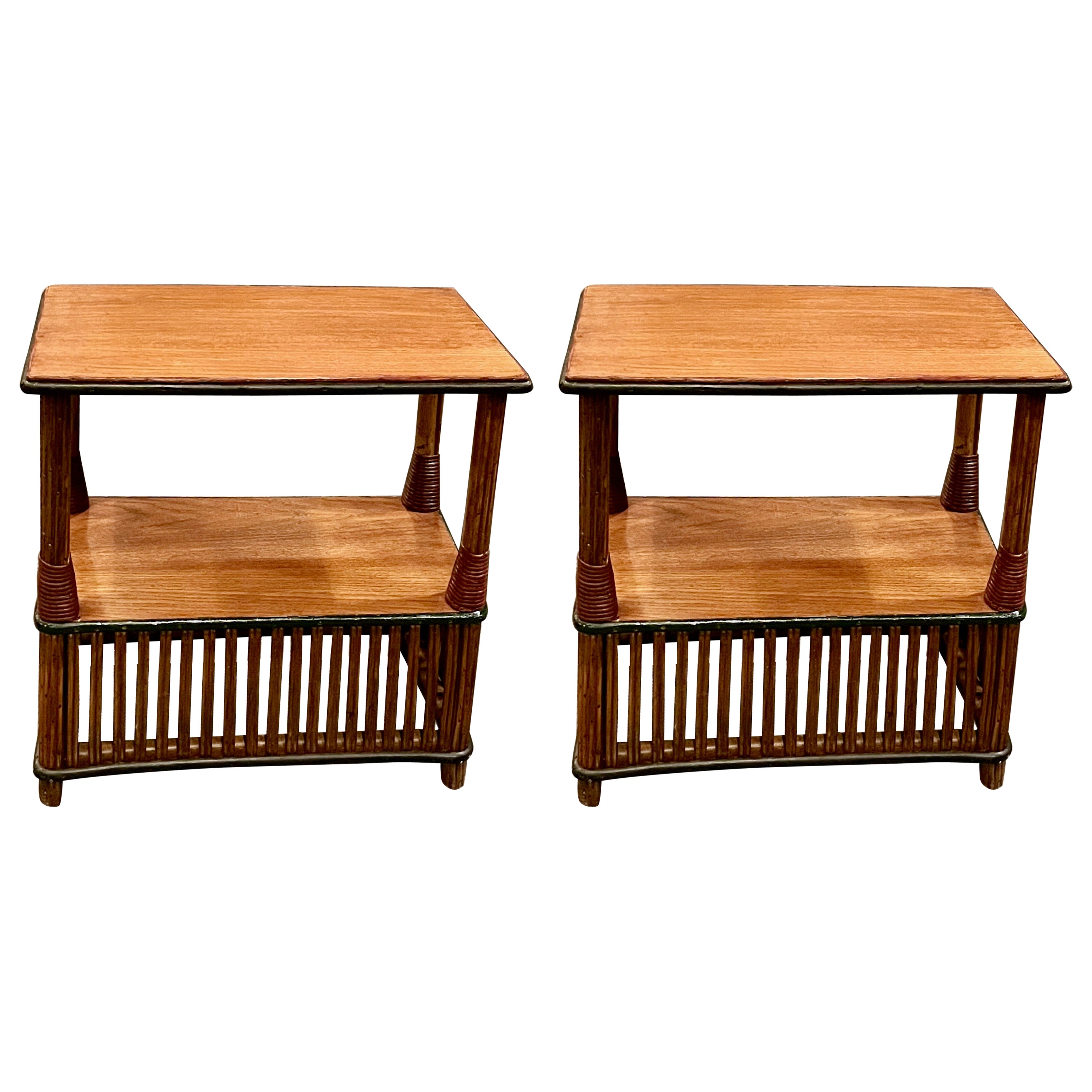 Antique Rattan Side Tables by Heywood-Wakefield Co., Oak Tops, 1929 For Sale
