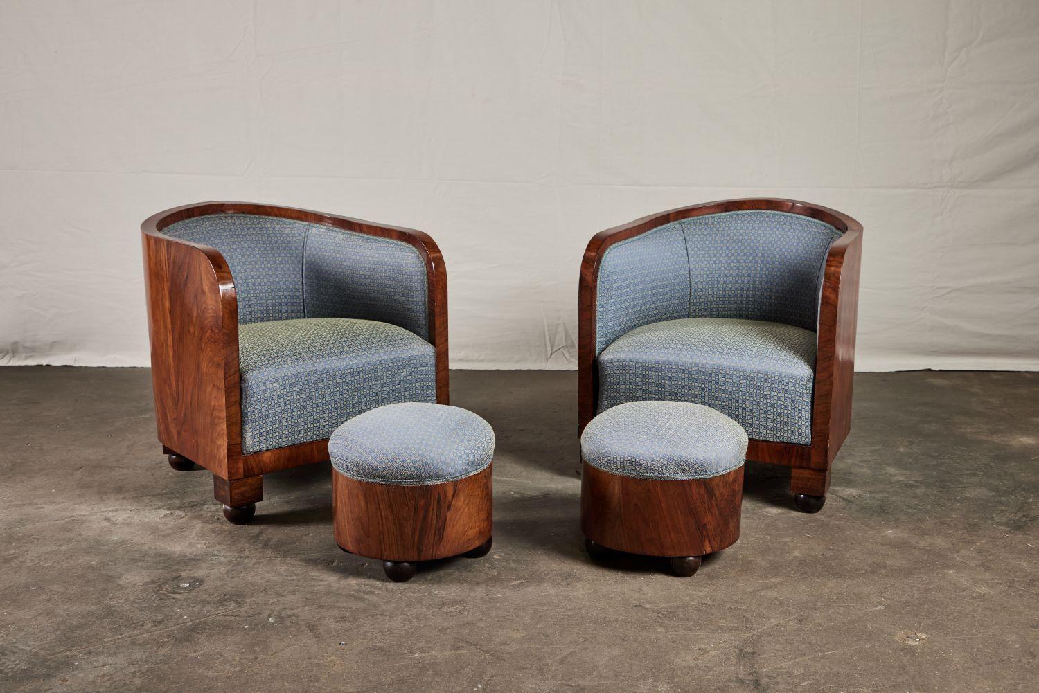 Italian A Pair of Walnut Art Deco Chairs with Foot Stool