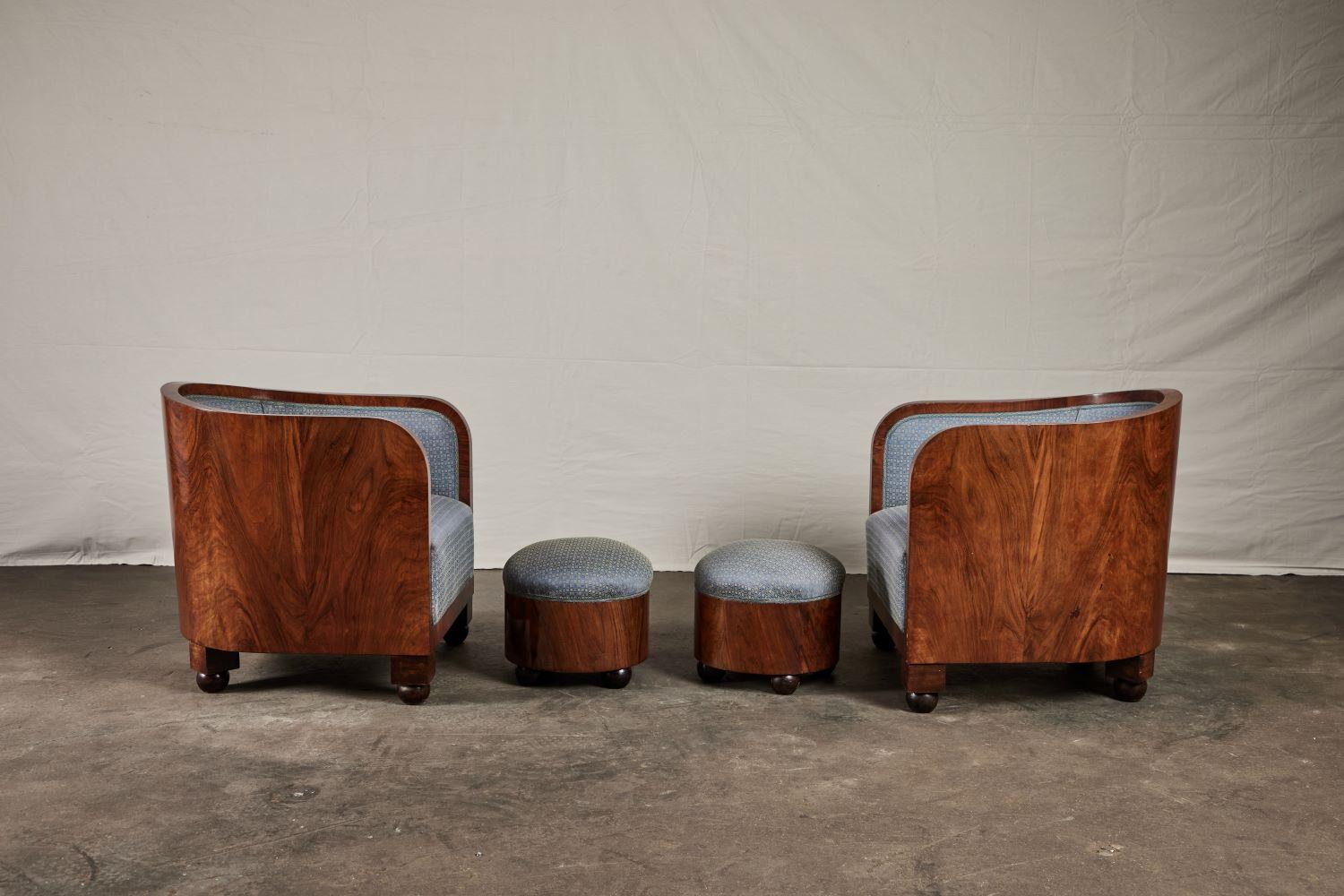A Pair of Walnut Art Deco Chairs with Foot Stool In Good Condition In Pasadena, CA