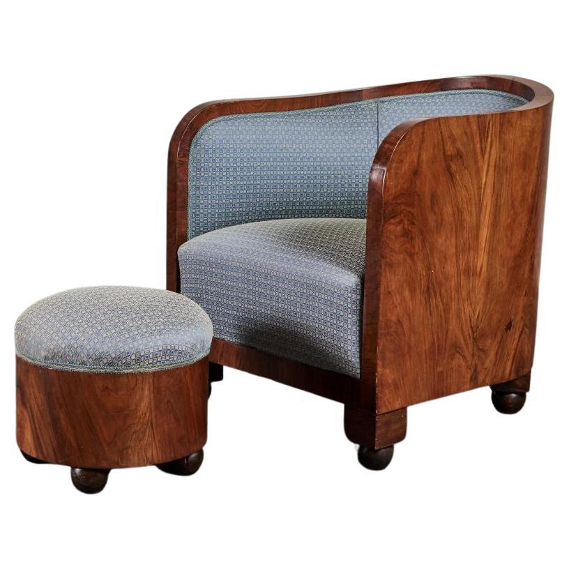 A Pair of Walnut Art Deco Chairs with Foot Stool