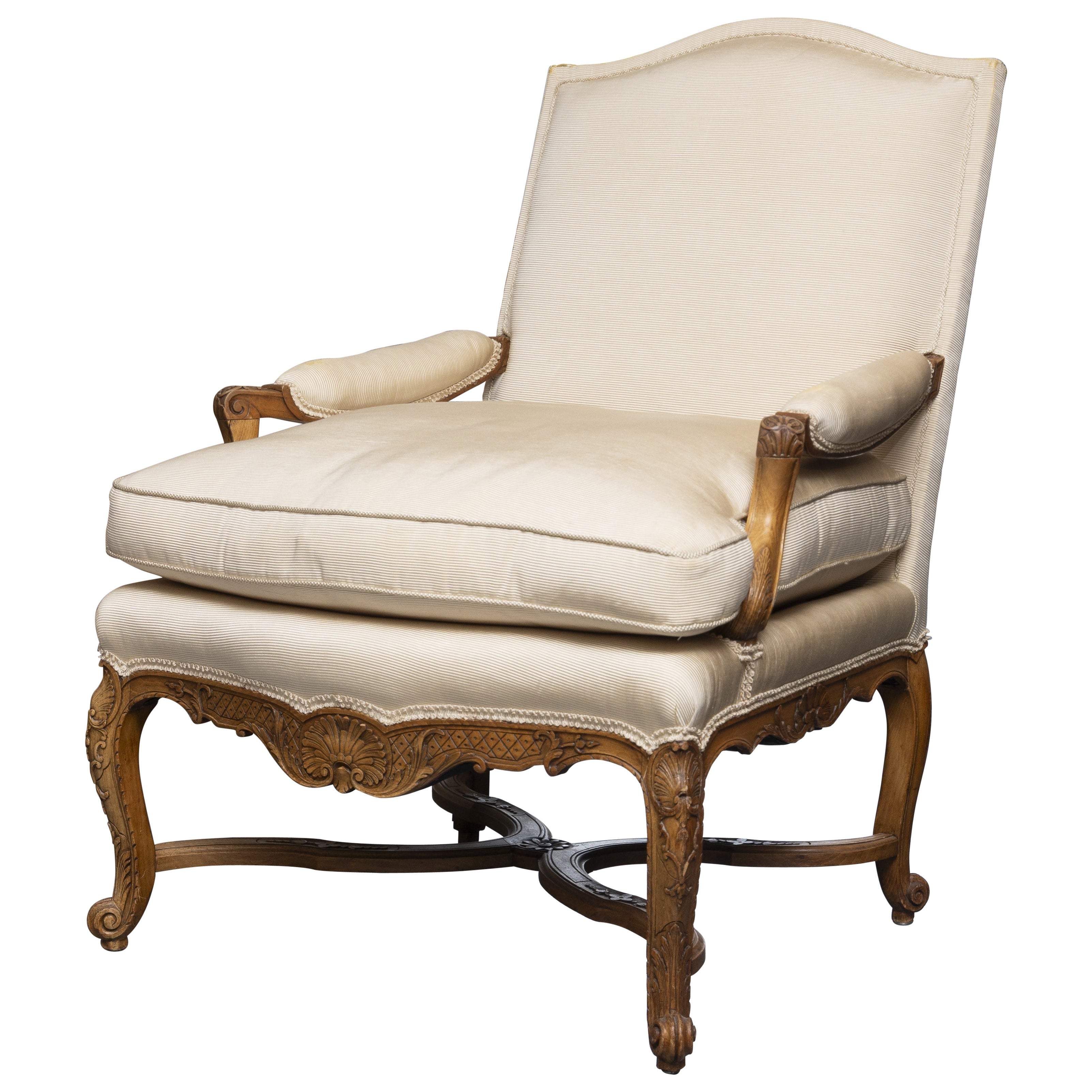 One of an Identical Pair of French Louis XV Style Walnut Armchairs