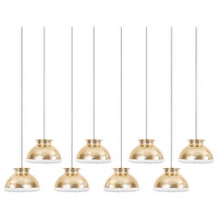 One of Eight Huge Brass Pendant Lamps with Fabric