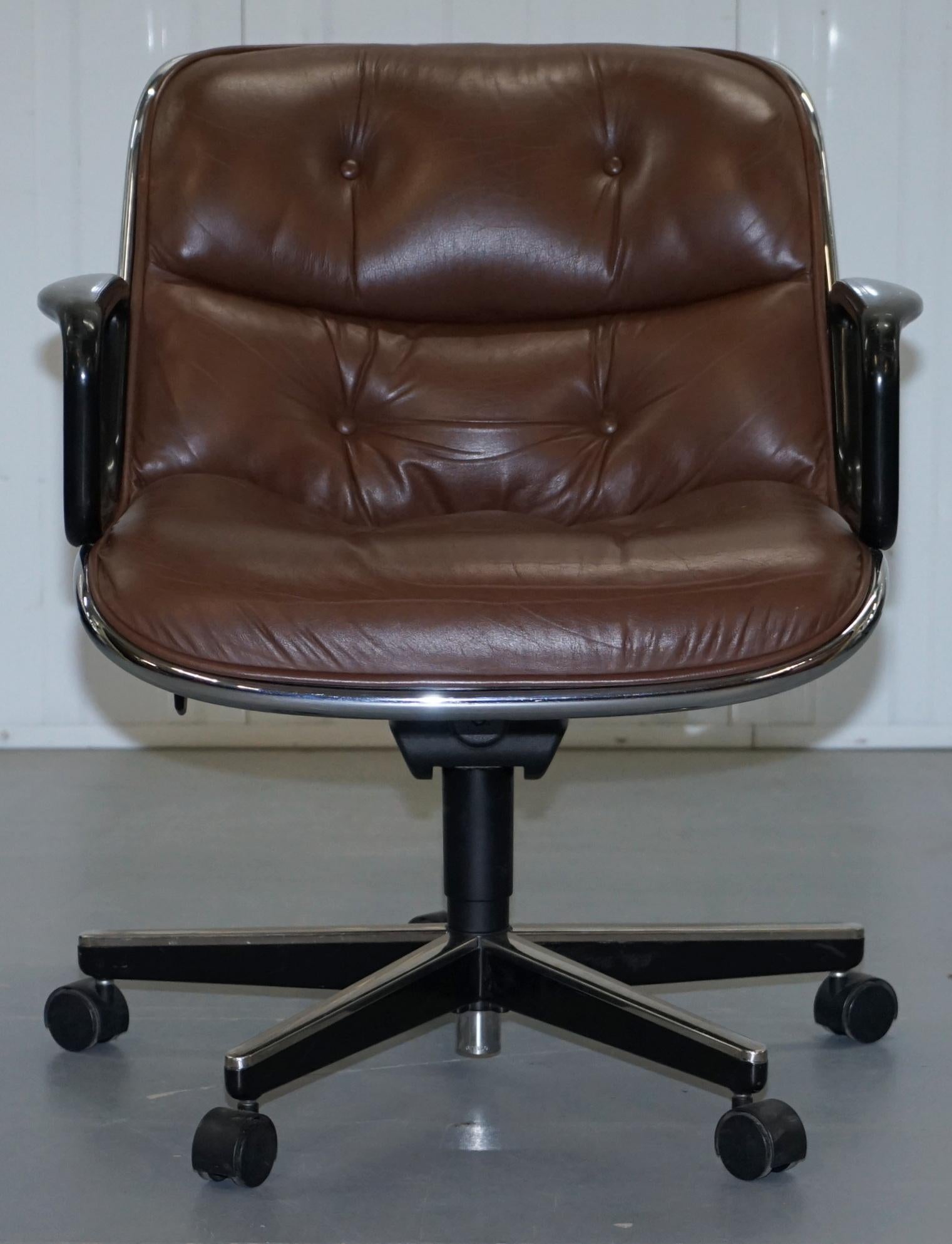 Modern One of Eight Original Knoll Pollock Vintage Brown Leather Executive Armchairs