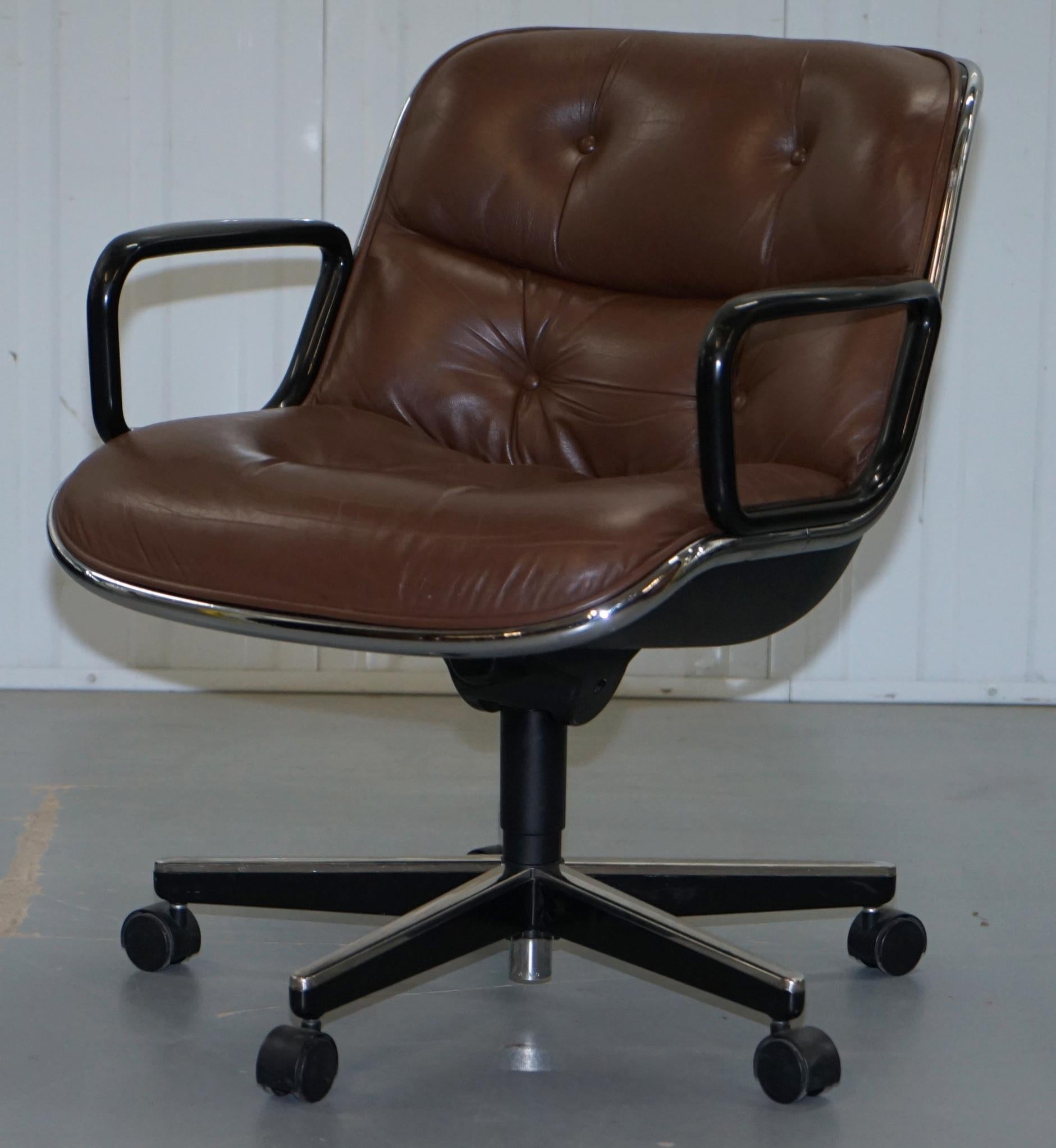 American One of Eight Original Knoll Pollock Vintage Brown Leather Executive Armchairs