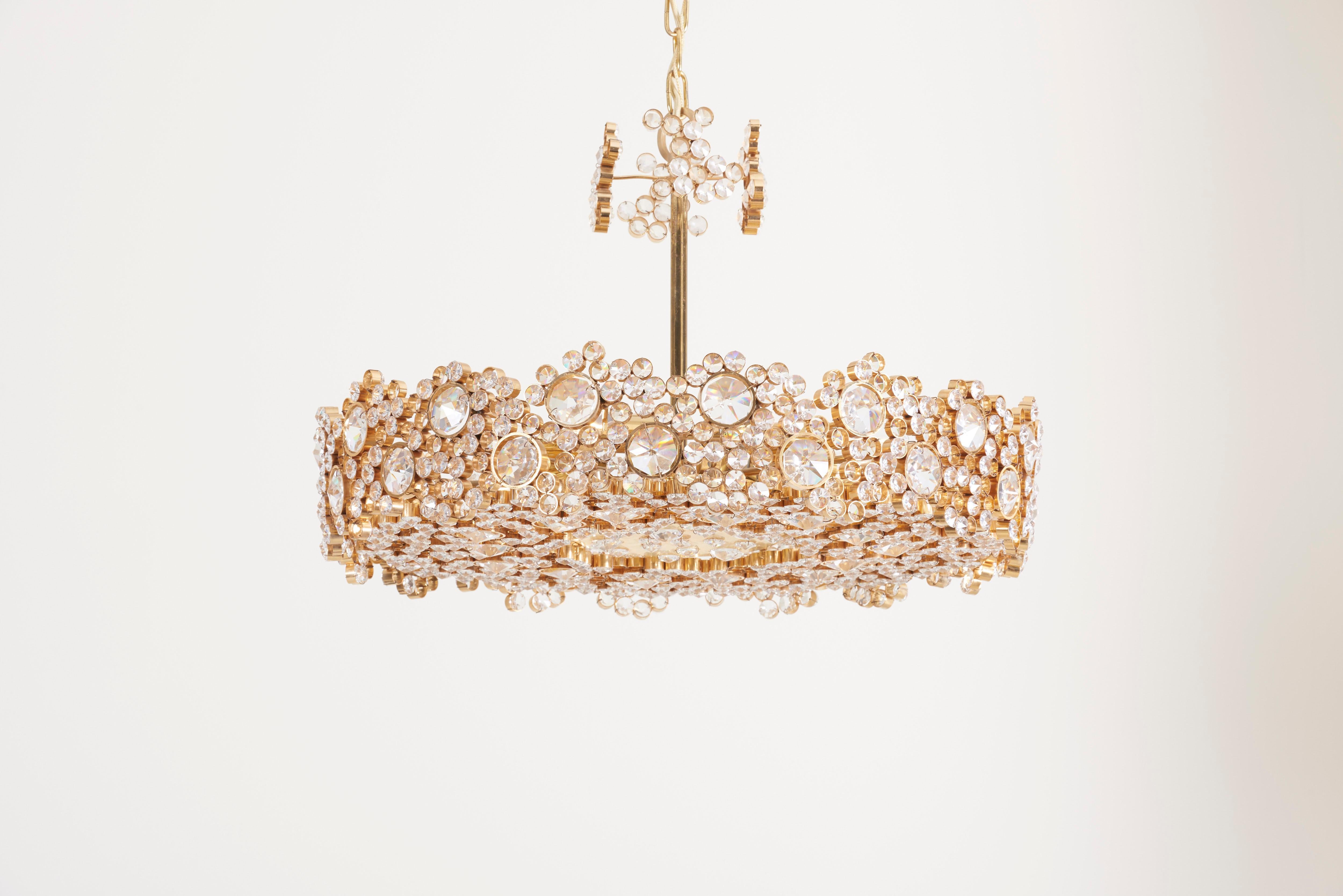 Hollywood Regency One of Seven Palwa Brass and Crystal Glass Encrusted Chandeliers, Model S101 For Sale