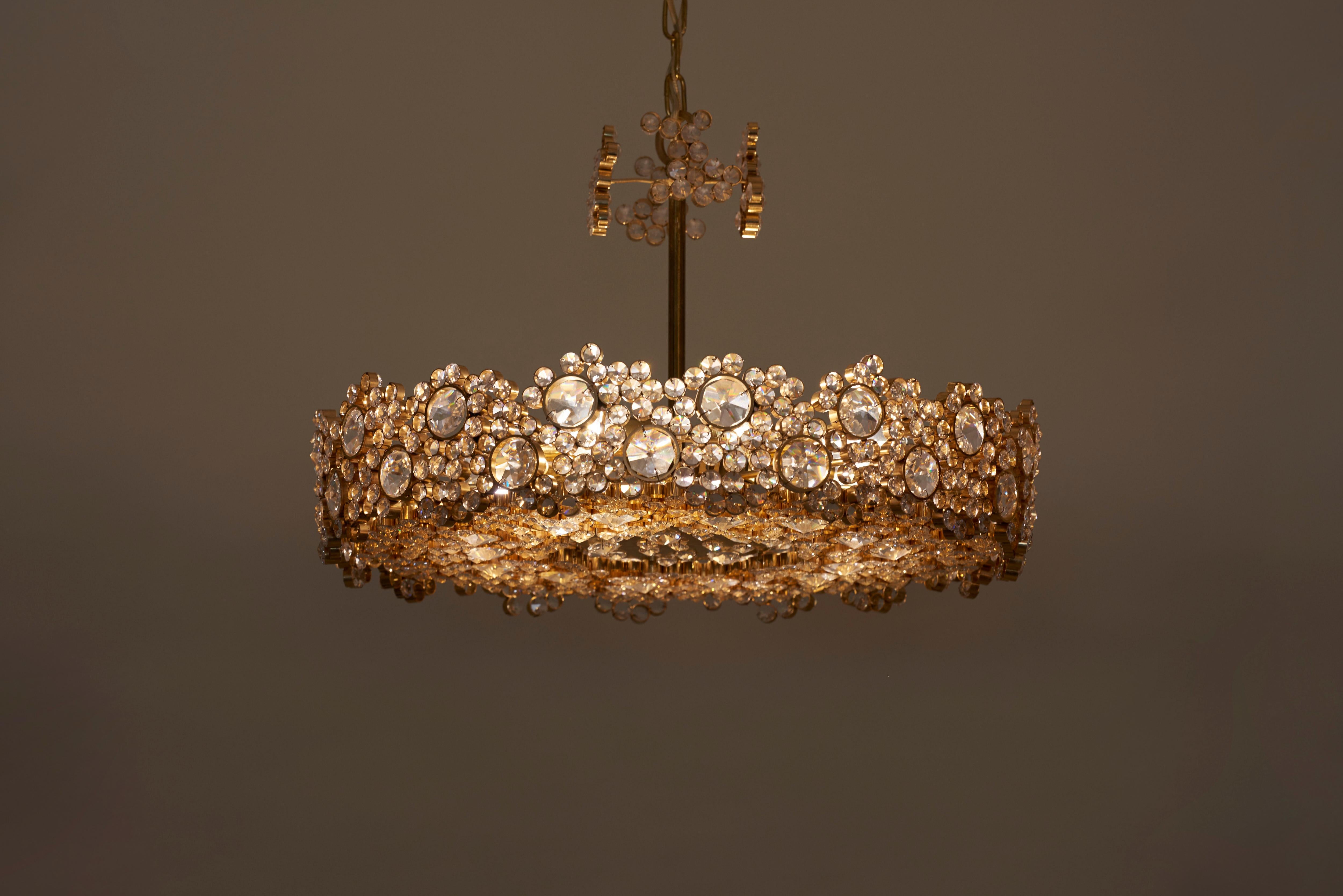 German One of Seven Palwa Brass and Crystal Glass Encrusted Chandeliers, Model S101 For Sale