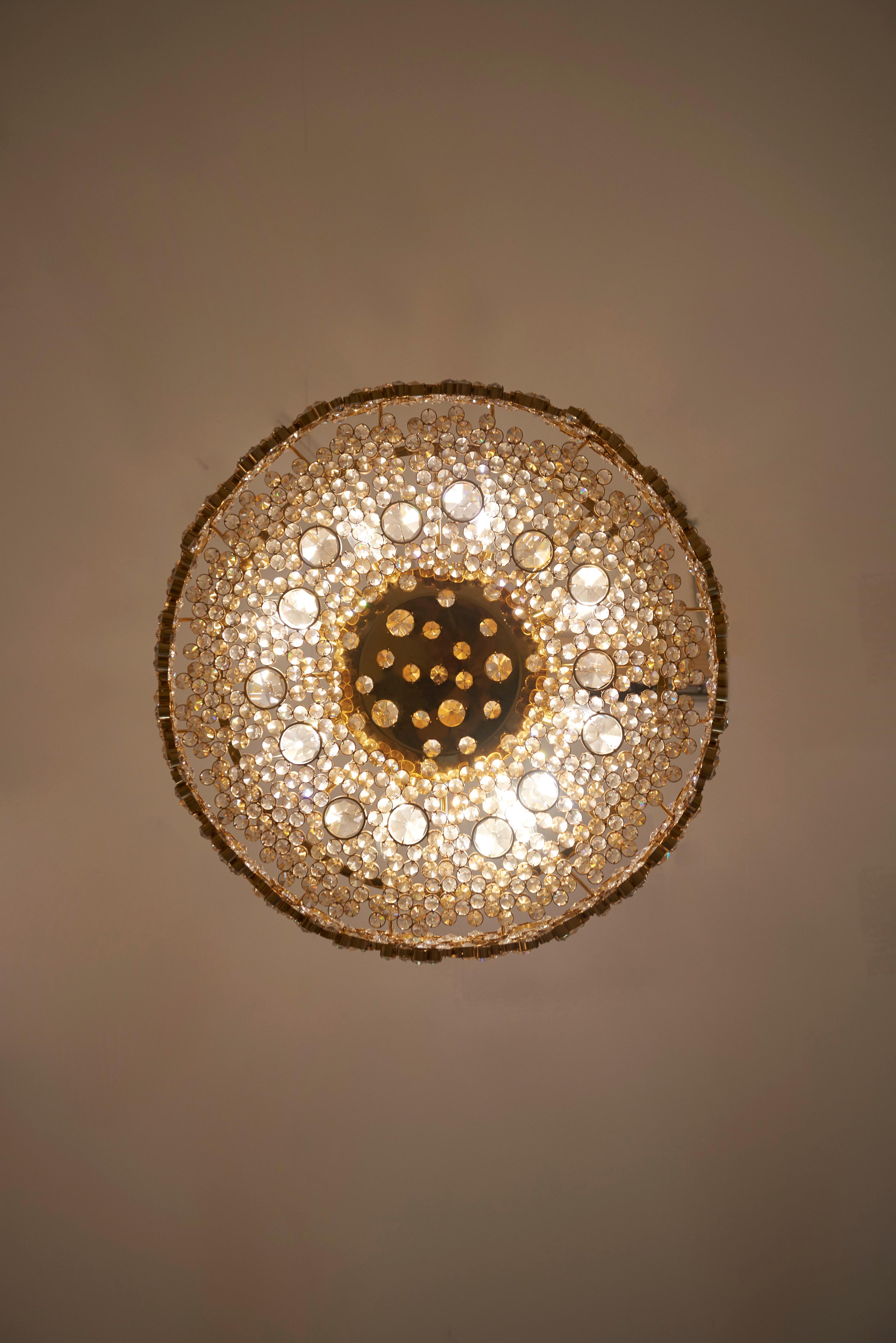 One of Seven Palwa Brass and Crystal Glass Encrusted Chandeliers, Model S101 For Sale 1