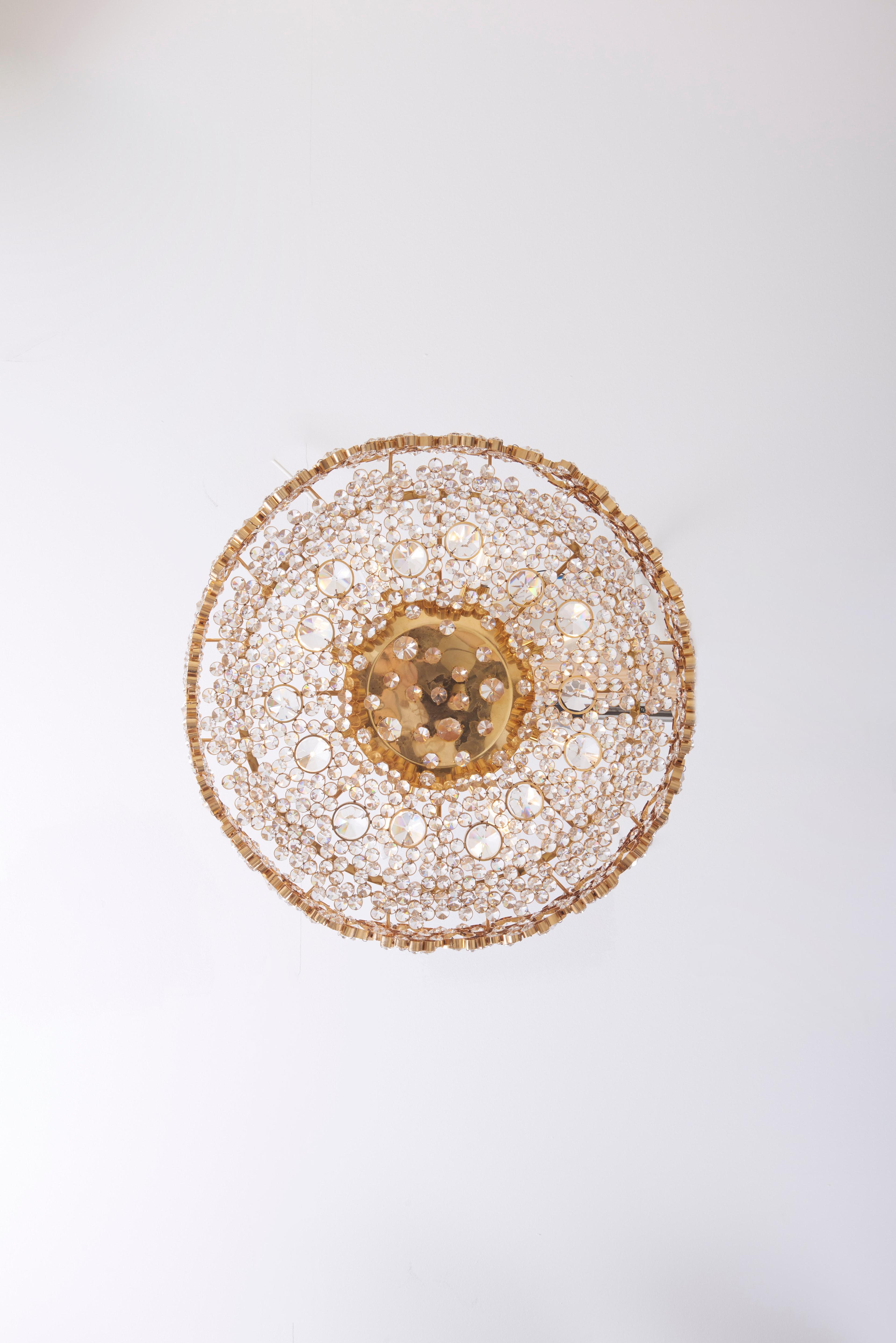 One of Seven Palwa Brass and Crystal Glass Encrusted Chandeliers, Model S101 For Sale 3
