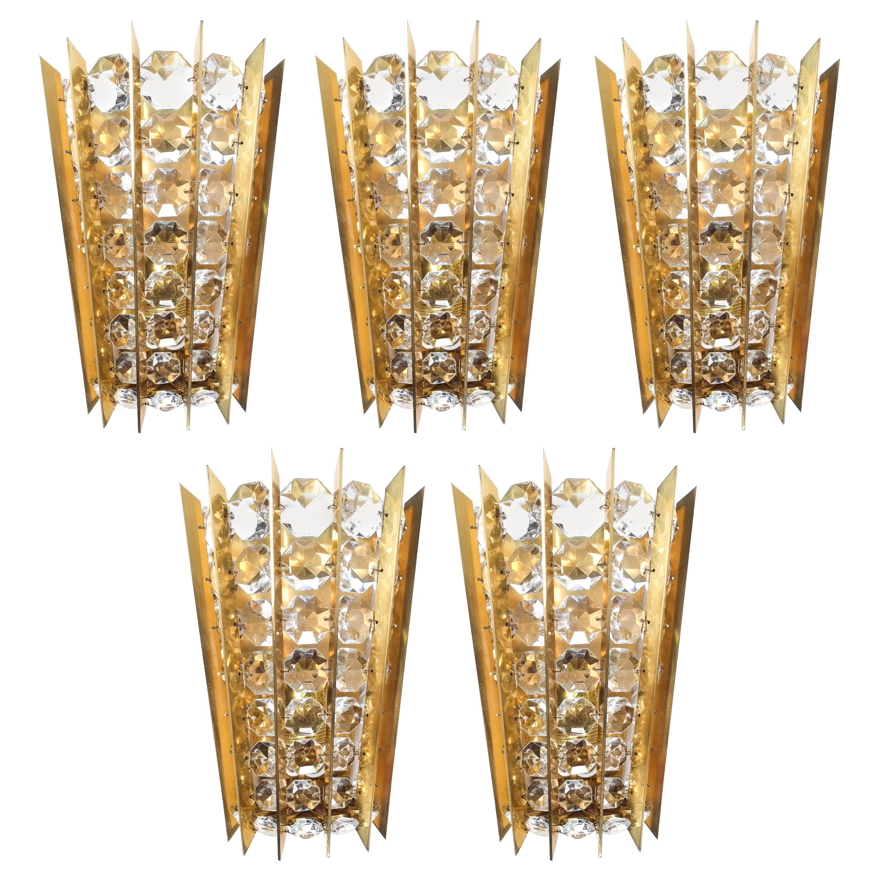 Bakalowits & Sohne Crystal and Brass Gold Glass Sconces, Austria, circa 1955 For Sale