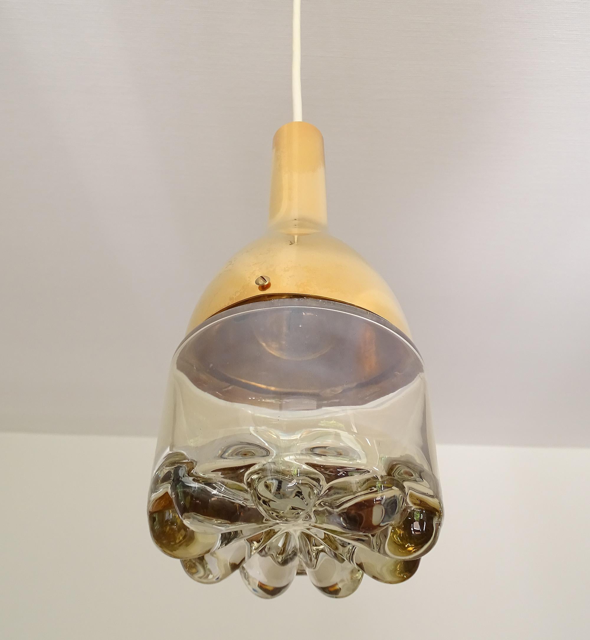 One of Five Customizable Mid Century Limburg Glass and Brass Pendants Lights  For Sale 4