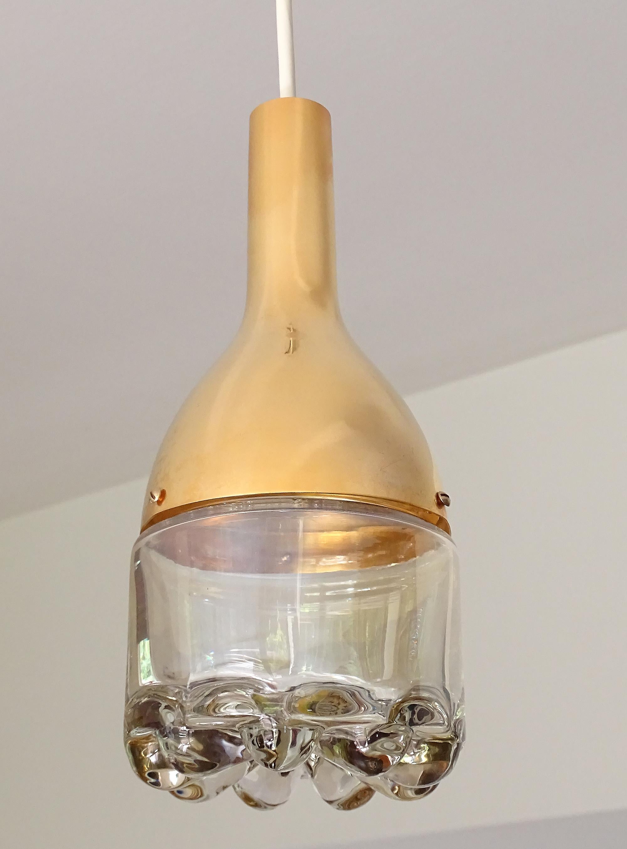 European One of Five Customizable Mid Century Limburg Glass and Brass Pendants Lights  For Sale