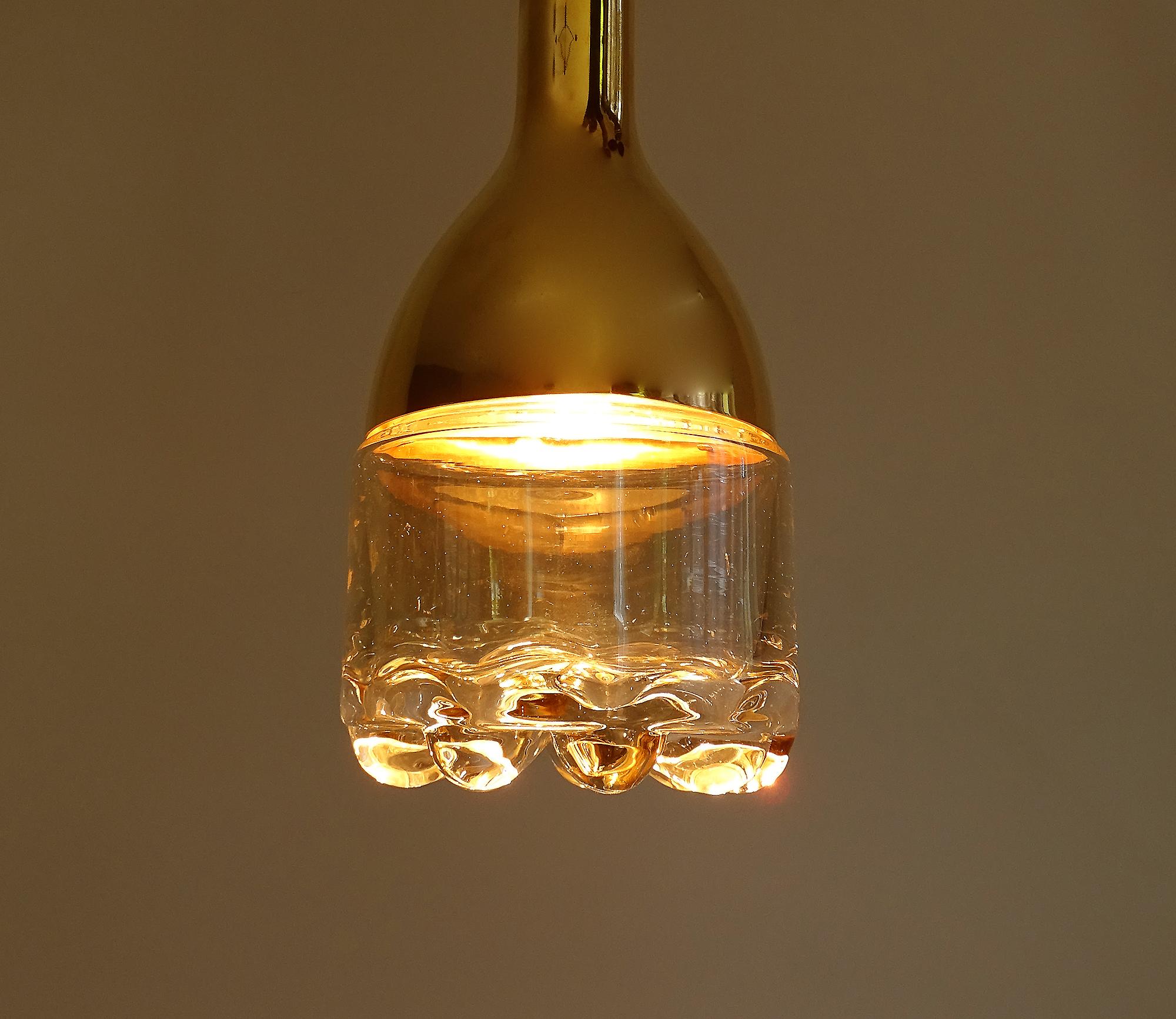 One of Five Customizable Mid Century Limburg Glass and Brass Pendants Lights  In Good Condition For Sale In Bremen, DE
