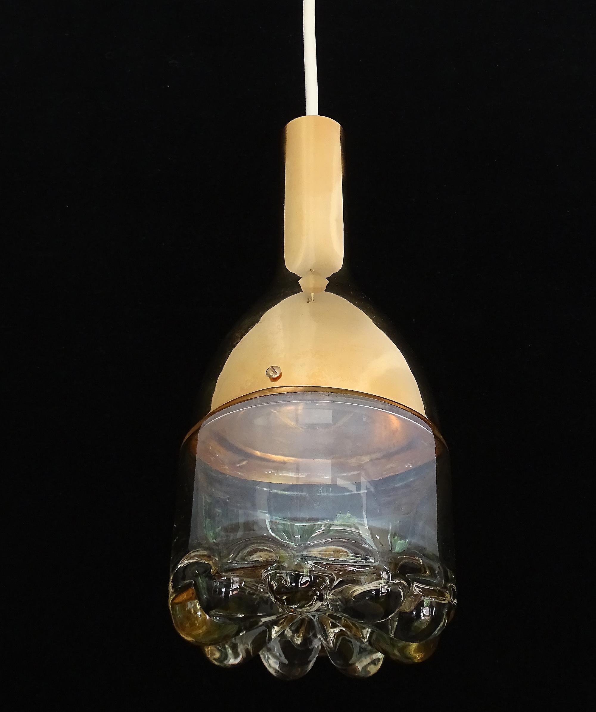 One of Five Customizable Mid Century Limburg Glass and Brass Pendants Lights  For Sale 1