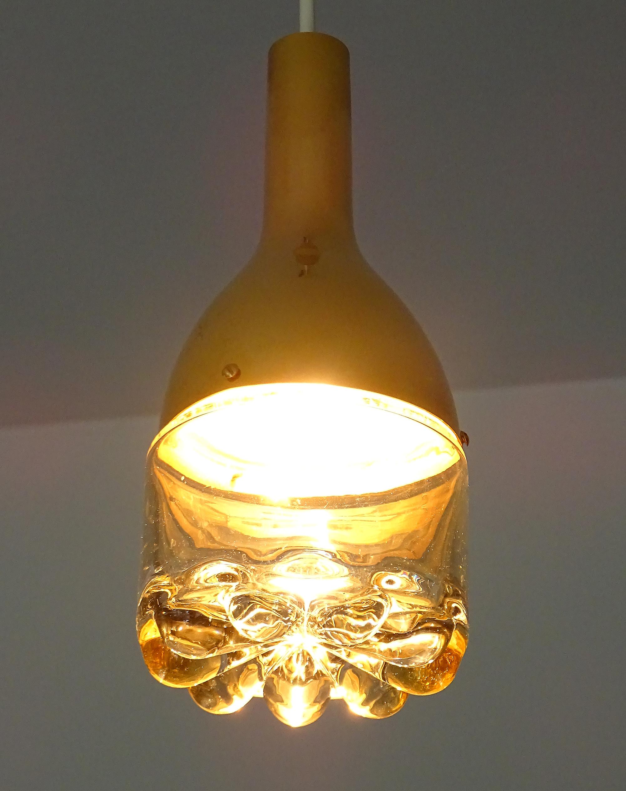 One of Five Customizable Mid Century Limburg Glass and Brass Pendants Lights  For Sale 3