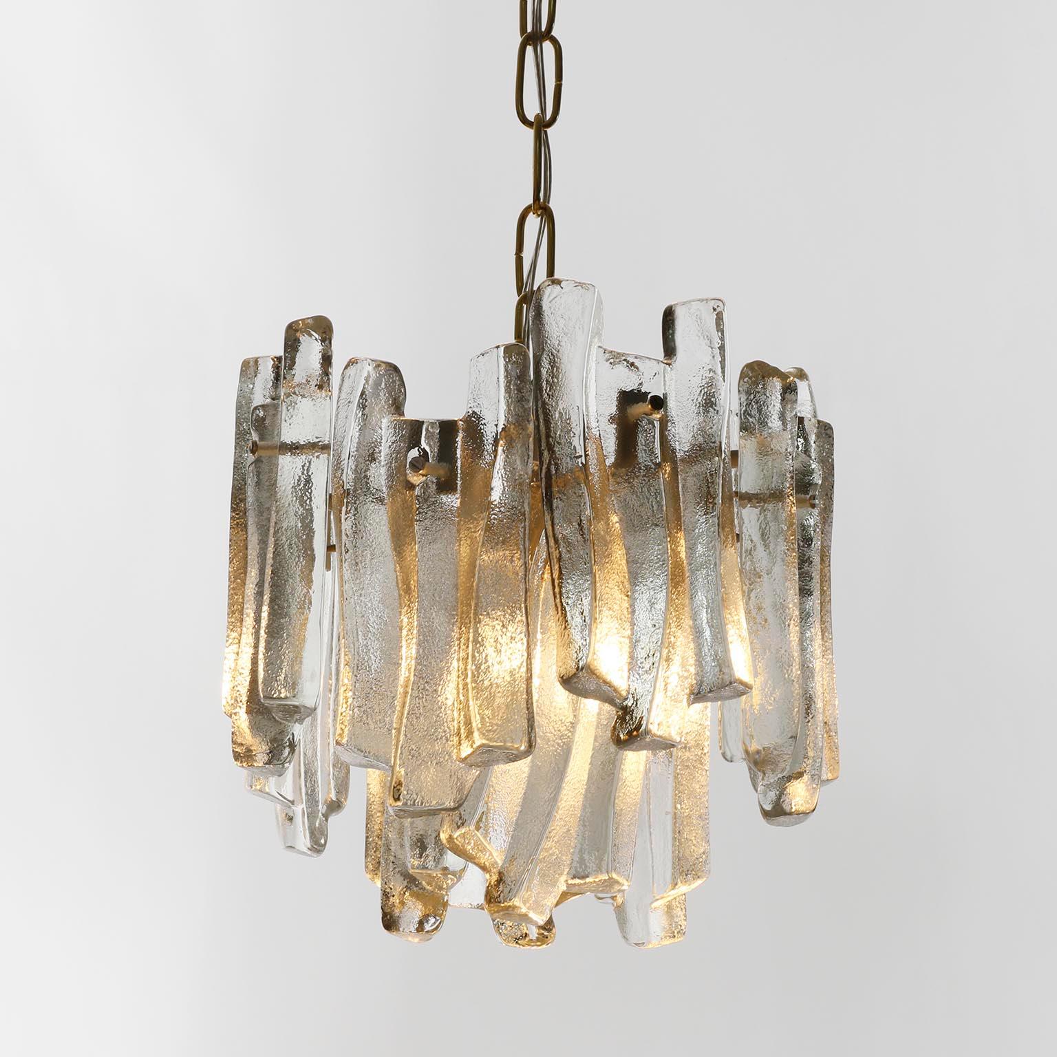 One of Five Kalmar Ice Glass Chandeliers Pendant Lights, Cast Glass Brass, 1970s For Sale 3