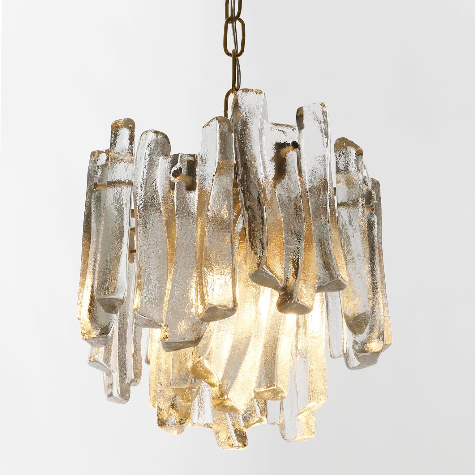 One of Five Kalmar Ice Glass Chandeliers Pendant Lights, Cast Glass Brass, 1970s For Sale 4