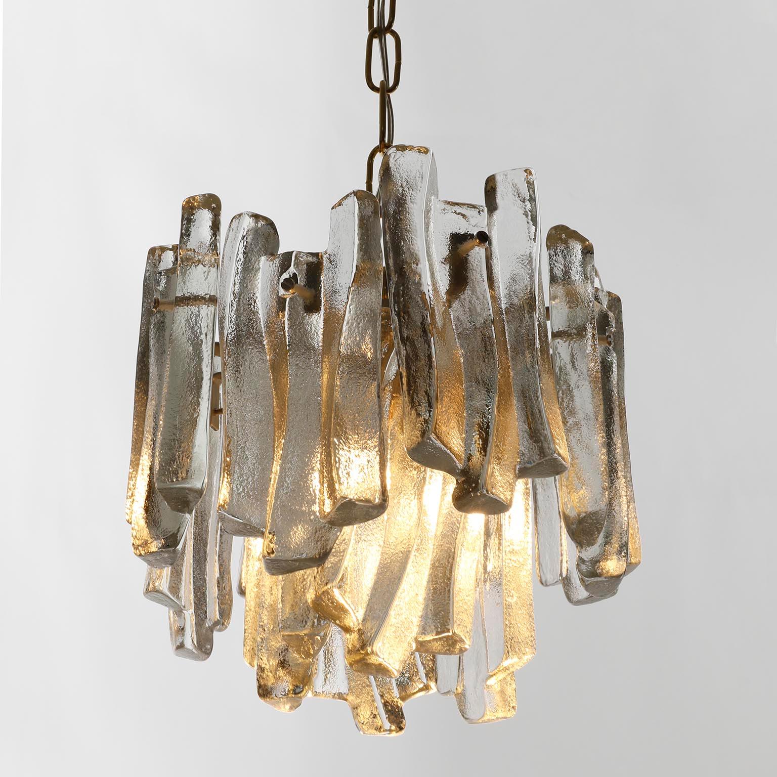 One of Five Kalmar Ice Glass Chandeliers Pendant Lights, Cast Glass Brass, 1970s For Sale 5