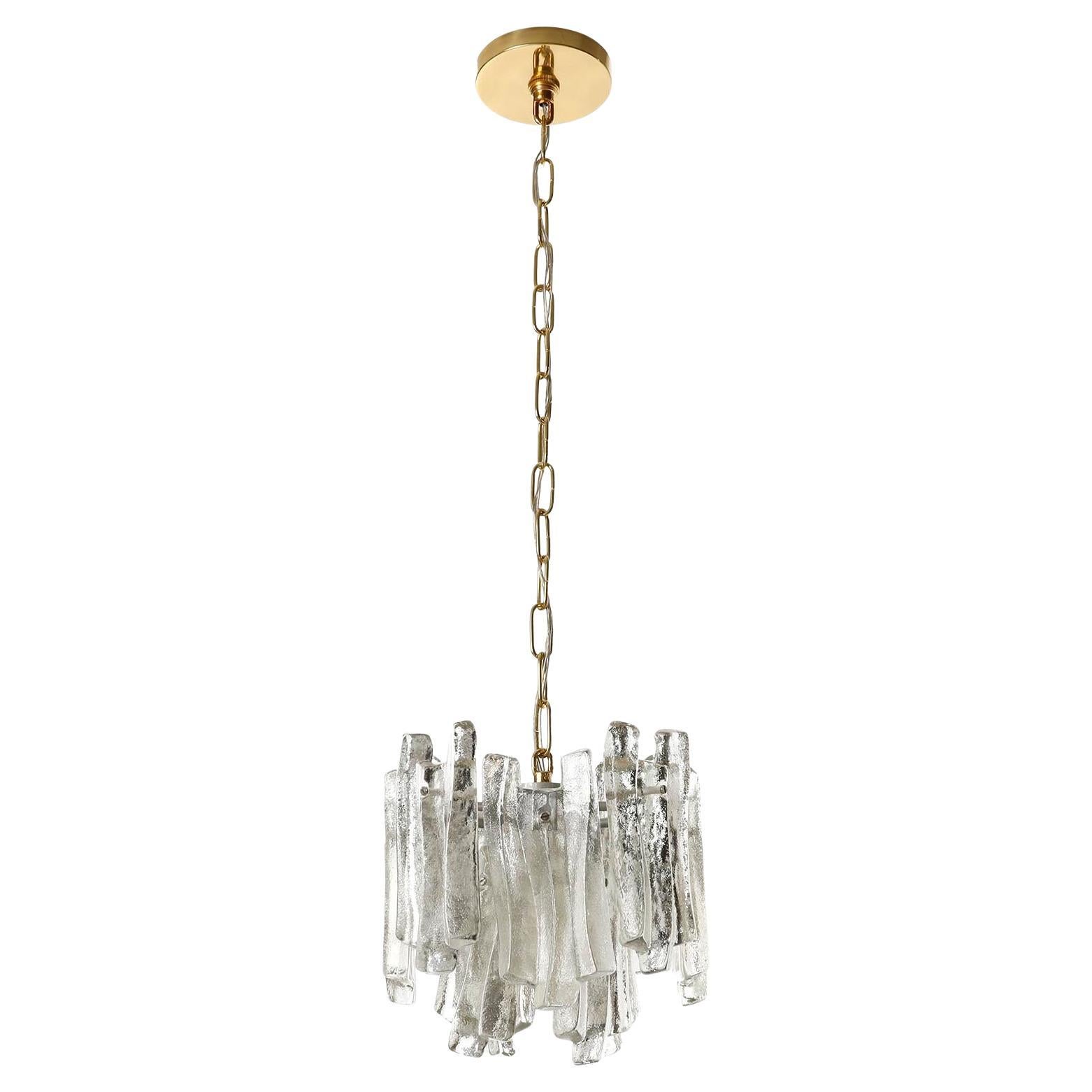 Mid-Century Modern One of Five Kalmar Ice Glass Chandeliers Pendant Lights, Cast Glass Brass, 1970s For Sale