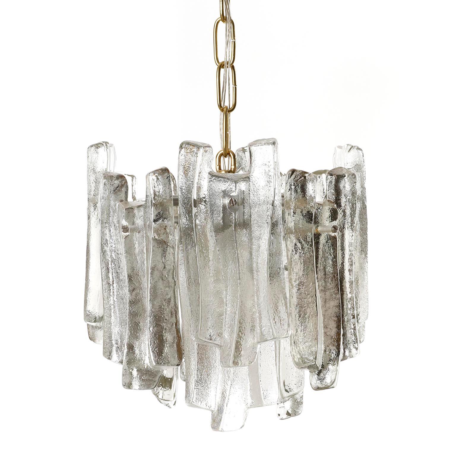 Austrian One of Five Kalmar Ice Glass Chandeliers Pendant Lights, Cast Glass Brass, 1970s For Sale