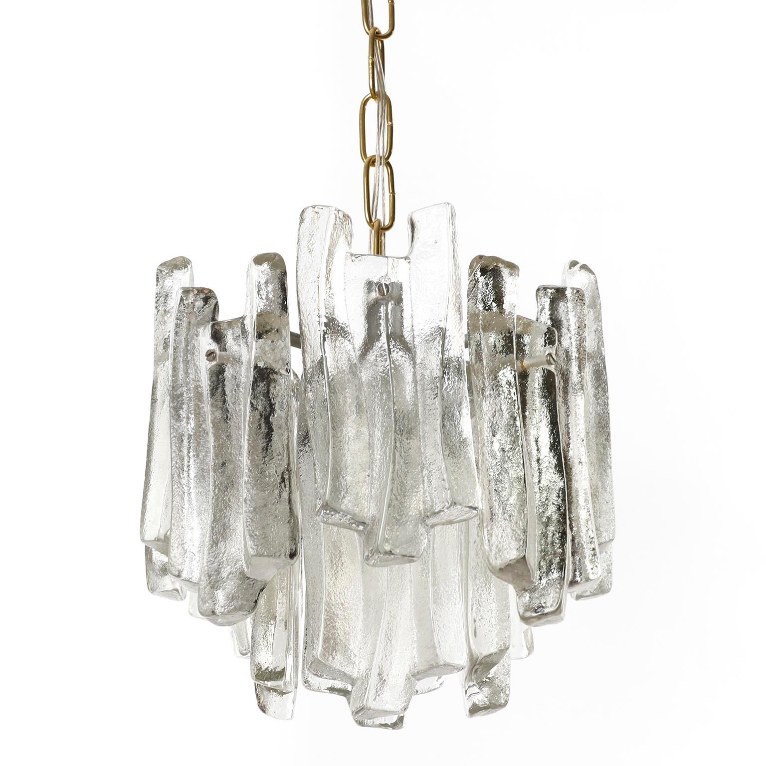 One of Five Kalmar Ice Glass Chandeliers Pendant Lights, Cast Glass Brass, 1970s In Good Condition For Sale In Hausmannstätten, AT