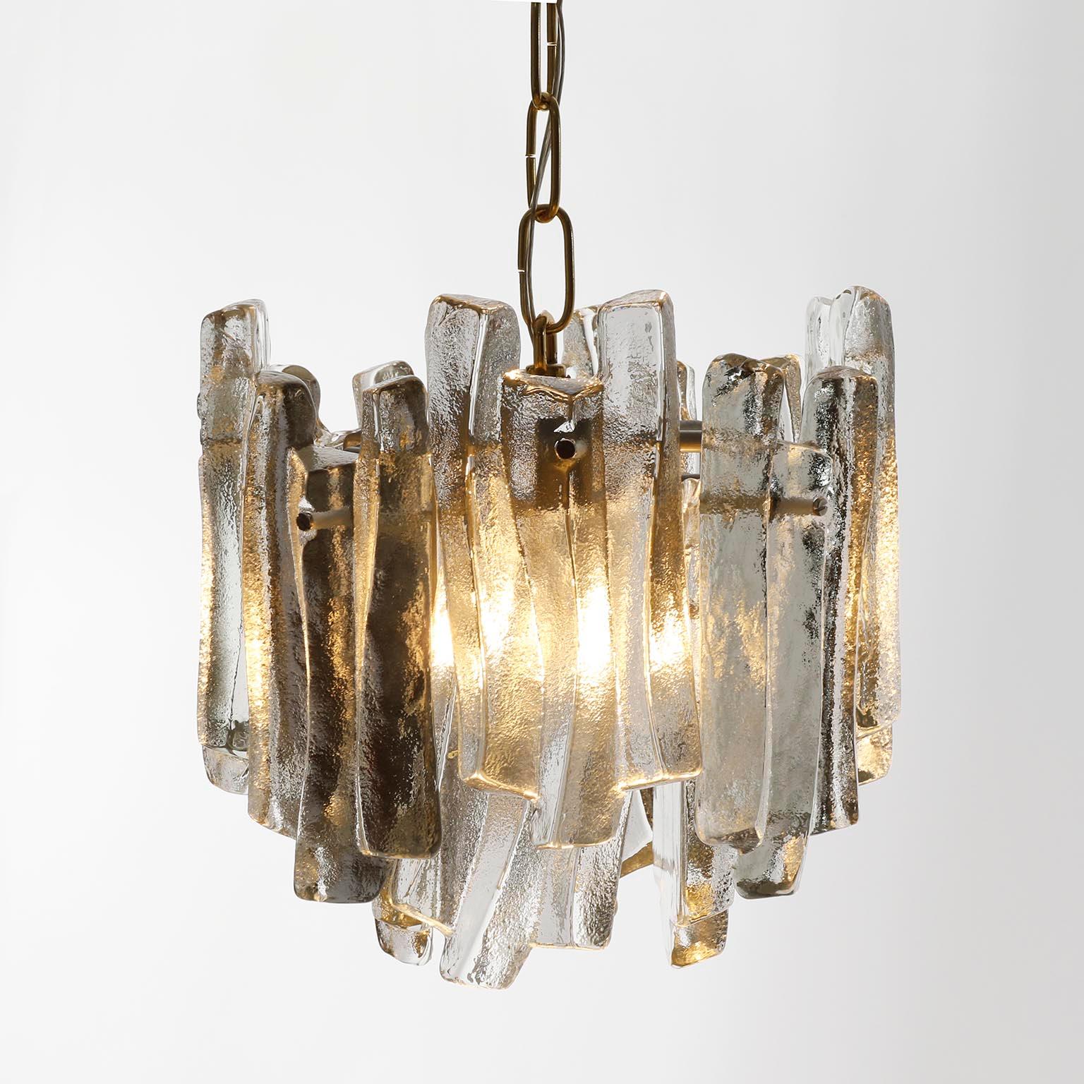 One of Five Kalmar Ice Glass Chandeliers Pendant Lights, Cast Glass Brass, 1970s For Sale 2