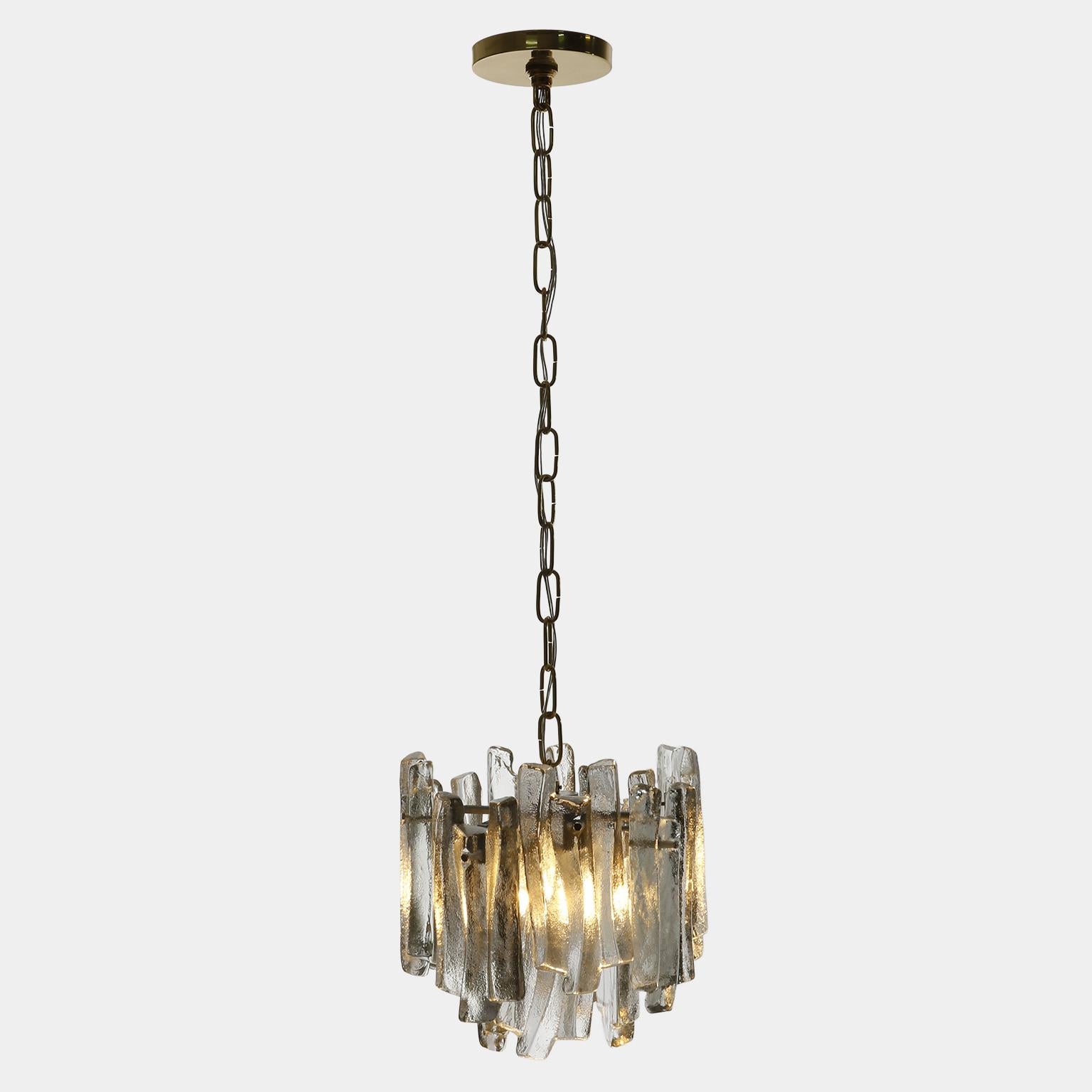 One of Five Kalmar Ice Glass Chandeliers Pendant Lights, Cast Glass Brass, 1970s For Sale 1