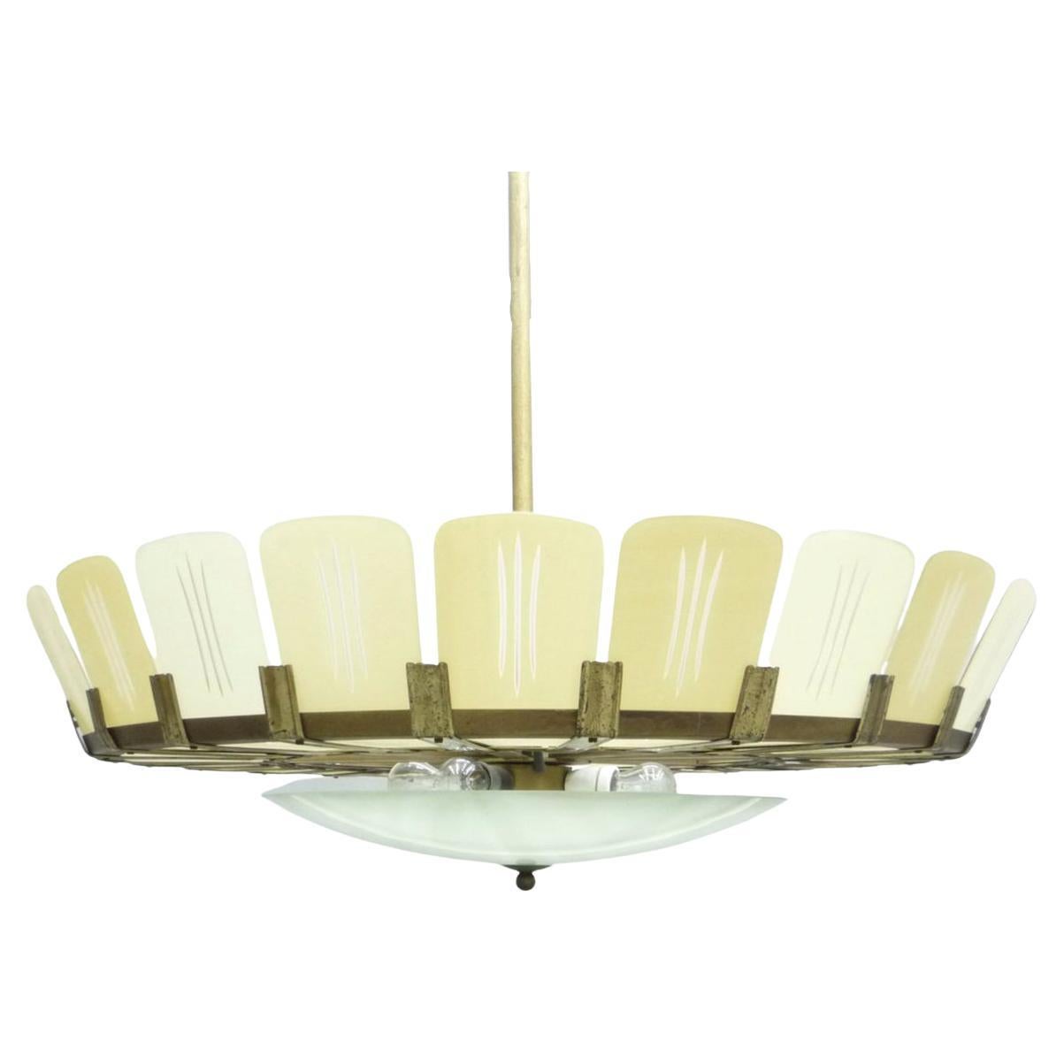 Mid-Century Modern One of Five Large Glass & Brass Pendants, 1950s
